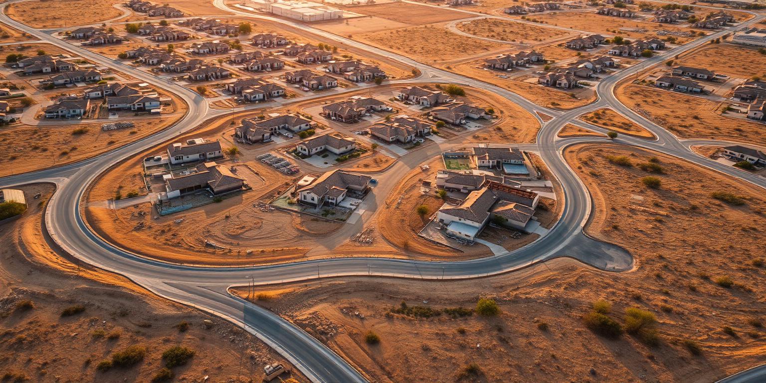 Aerial view of a new subdivision under construction on dry scrubland outside San Antonio, Texas at golden hour