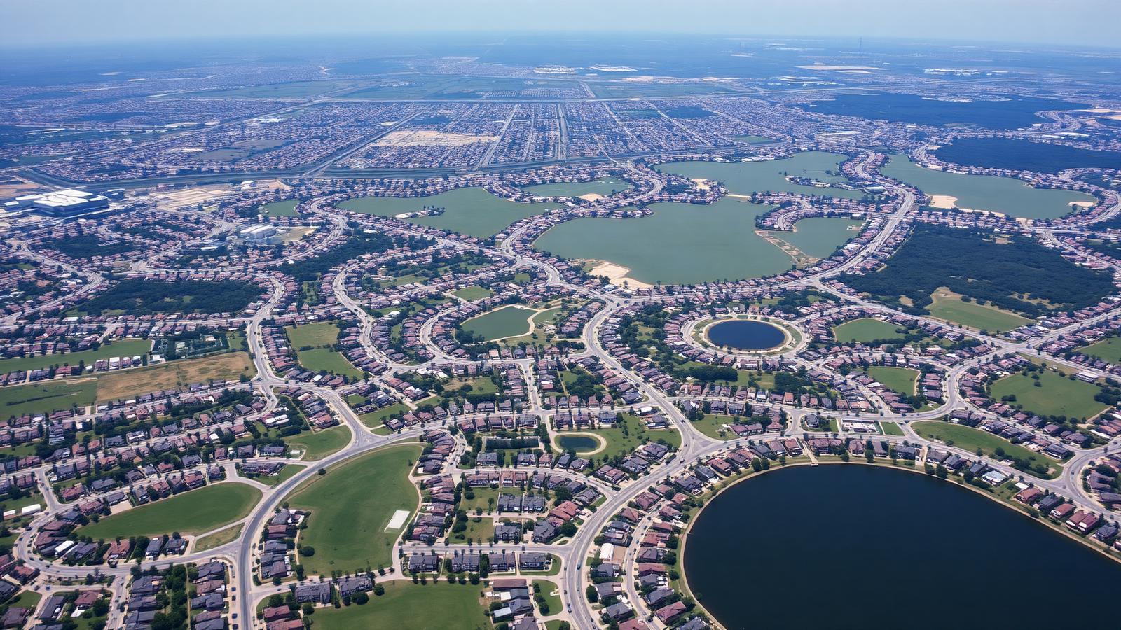 Aerial view of sprawling Houston, Texas suburban subdivisions with retention ponds stretching to the horizon