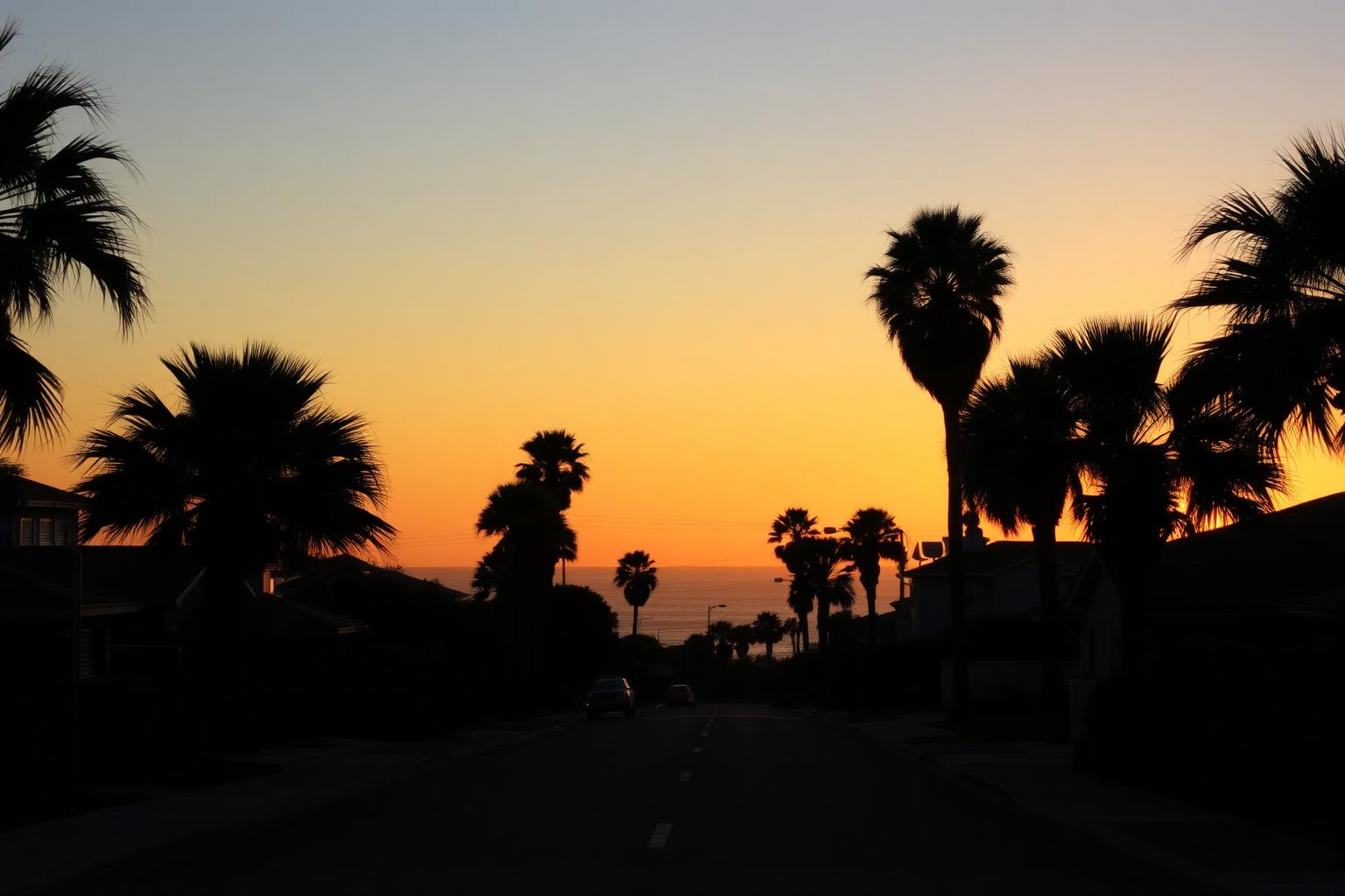 Gulf Coast sunset over a residential street near Corpus Christi Bay