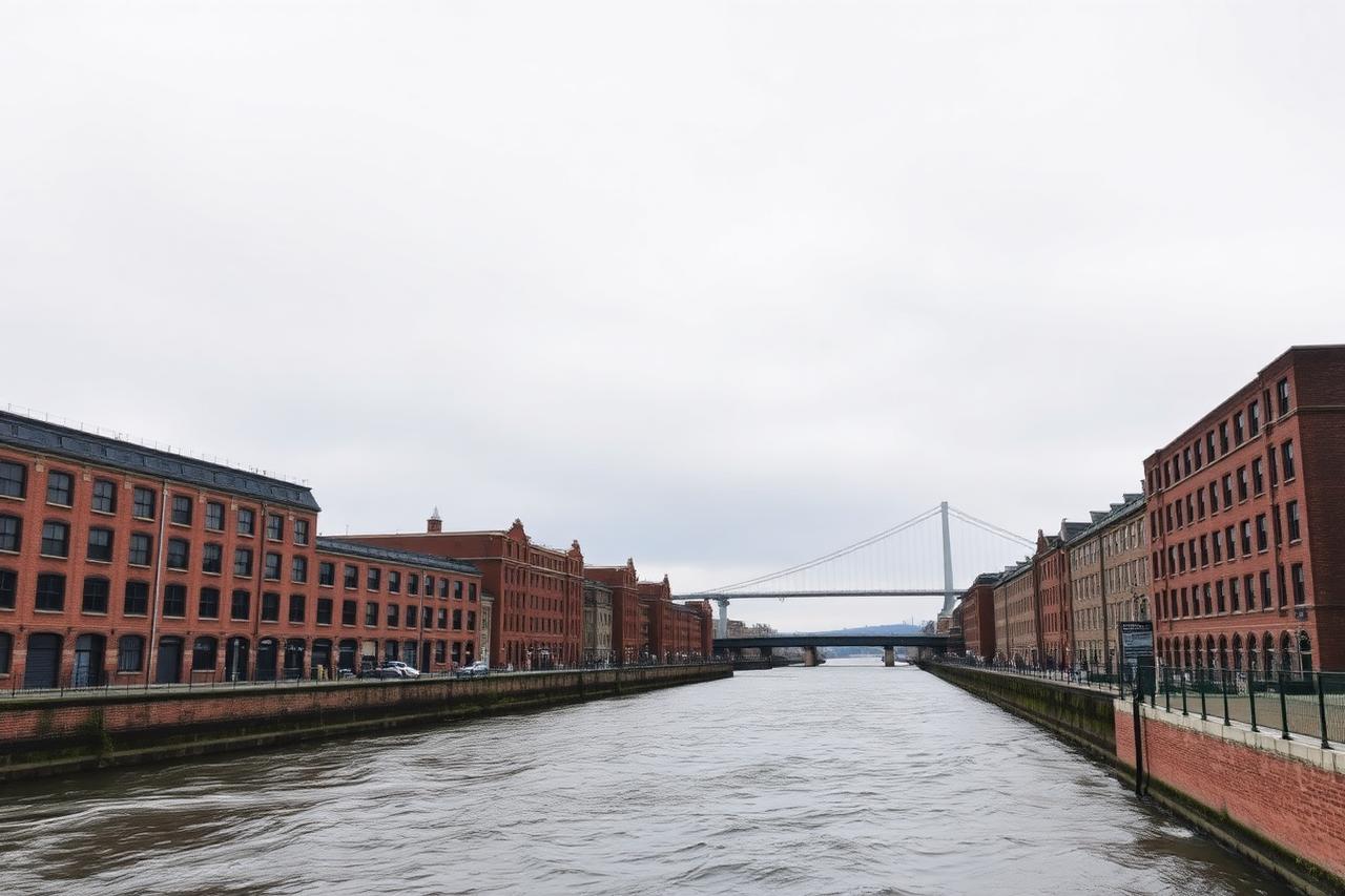 Converted brick industrial warehouses lining a winding river beneath a gray sky