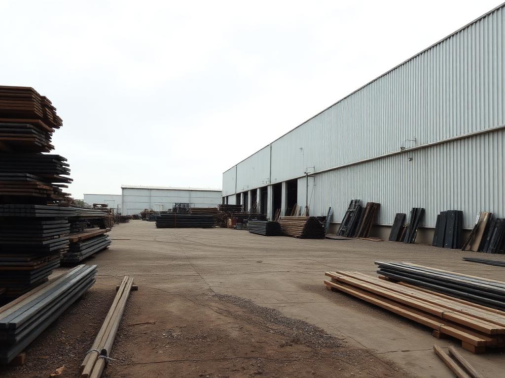 Rows of industrial equipment parked in a manufacturing yard beneath an overcast Midwest sky