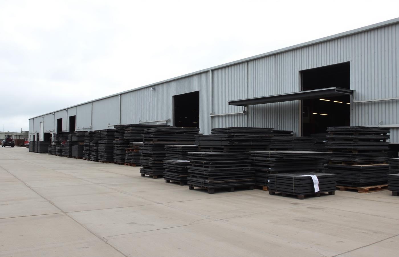 Rows of heavy machinery parked in an industrial yard beneath an overcast Midwest sky