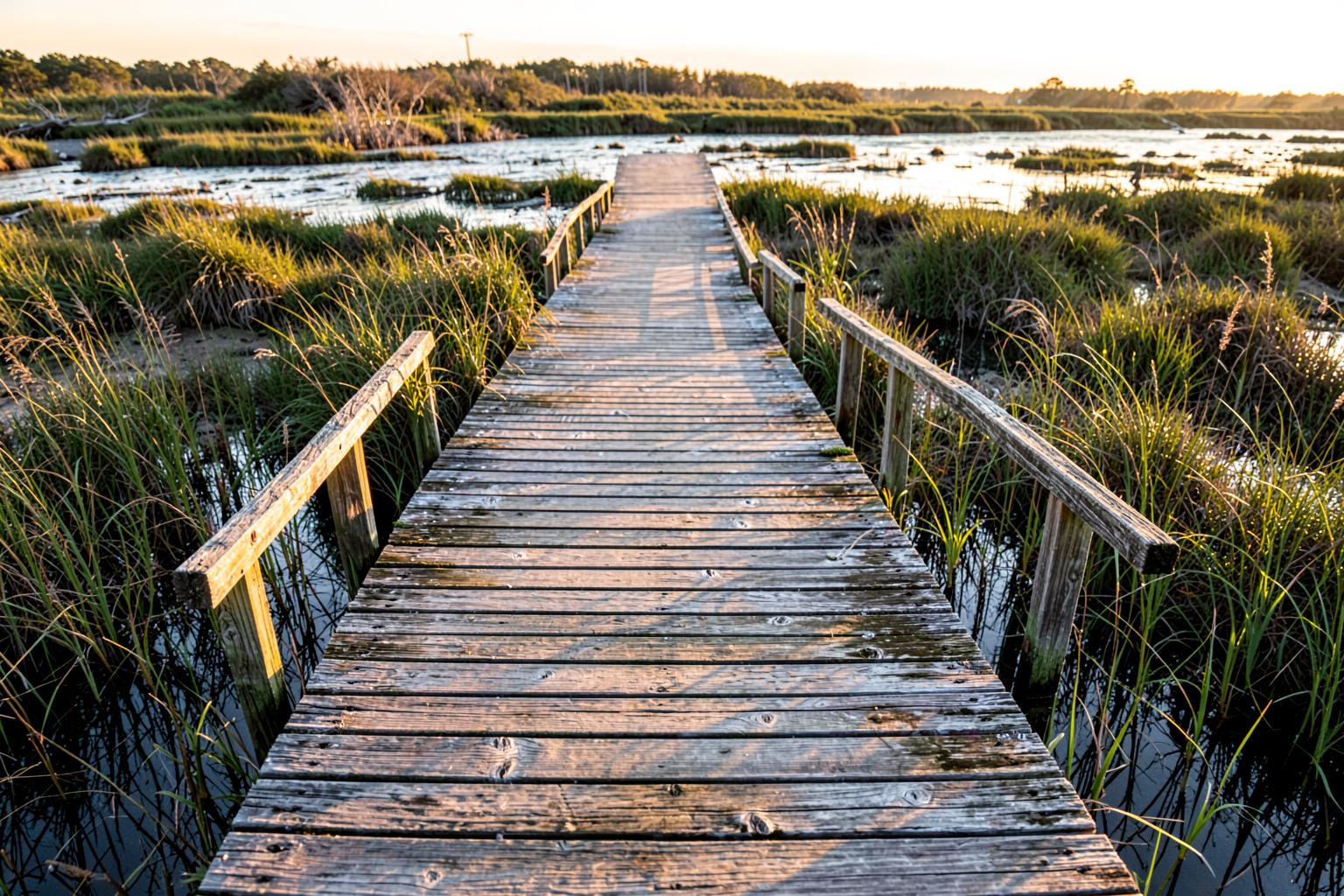 Weathered wooden boardwalk crossing a tidal salt marsh creek at golden hour with spartina grass