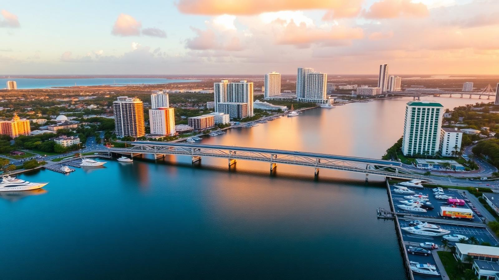 Aerial view of the Fort Lauderdale Intracoastal Waterway at golden hour with a drawbridge, yachts and coastal high-rises