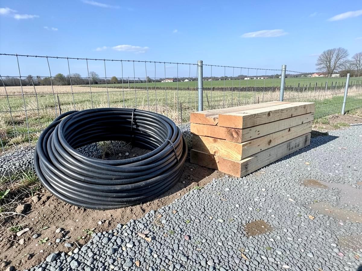 Coiled black irrigation pipe and stacked plain lumber on gravel beside a wire fence at a rural jobsite