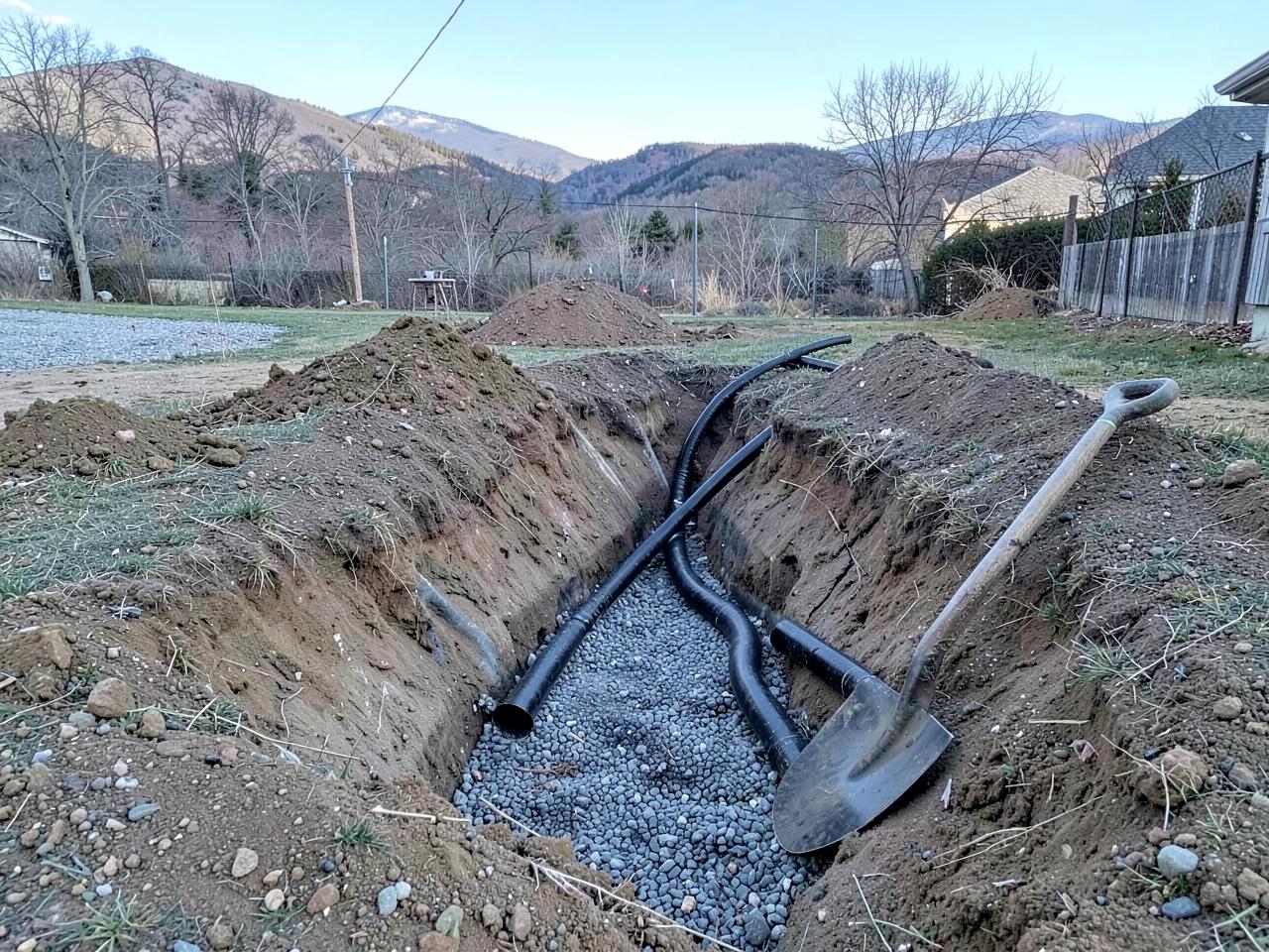 Open trench in a residential yard with new black pipe laid in gravel and a shovel resting against the soil pile