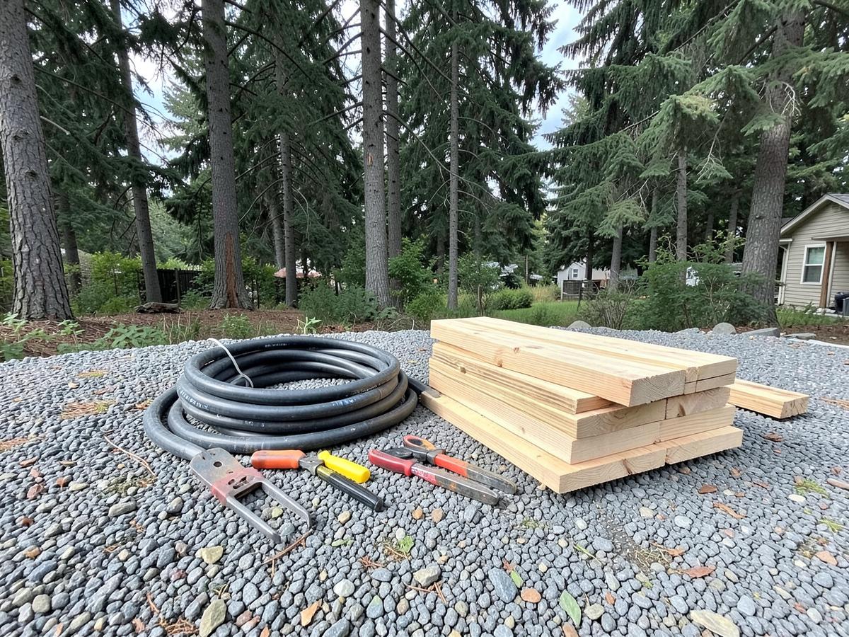 Contractor hand tools, coiled hose and stacked cedar boards on gravel at a wooded residential jobsite