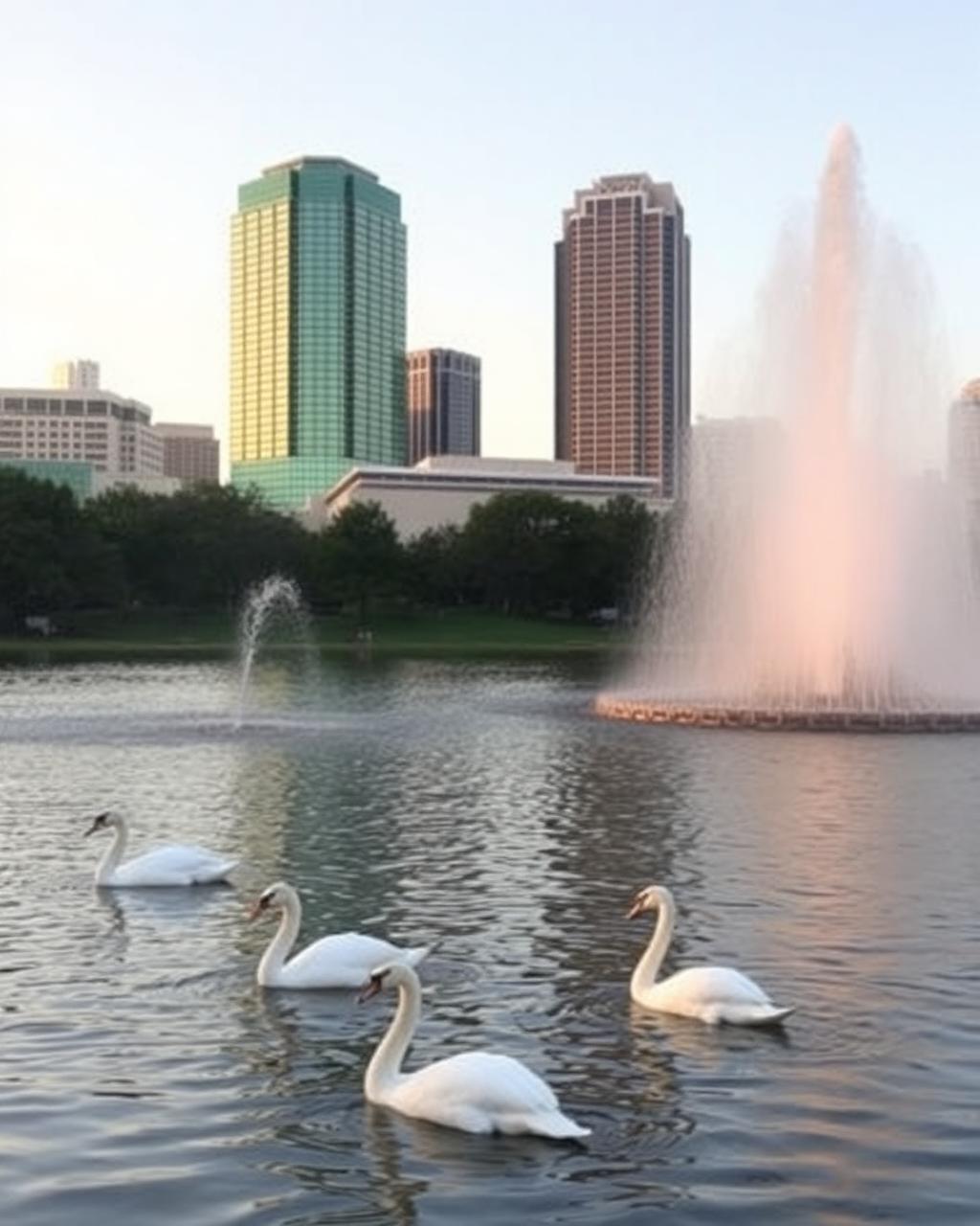 Sunrise reflection of the downtown Orlando skyline in the water at Lake Eola