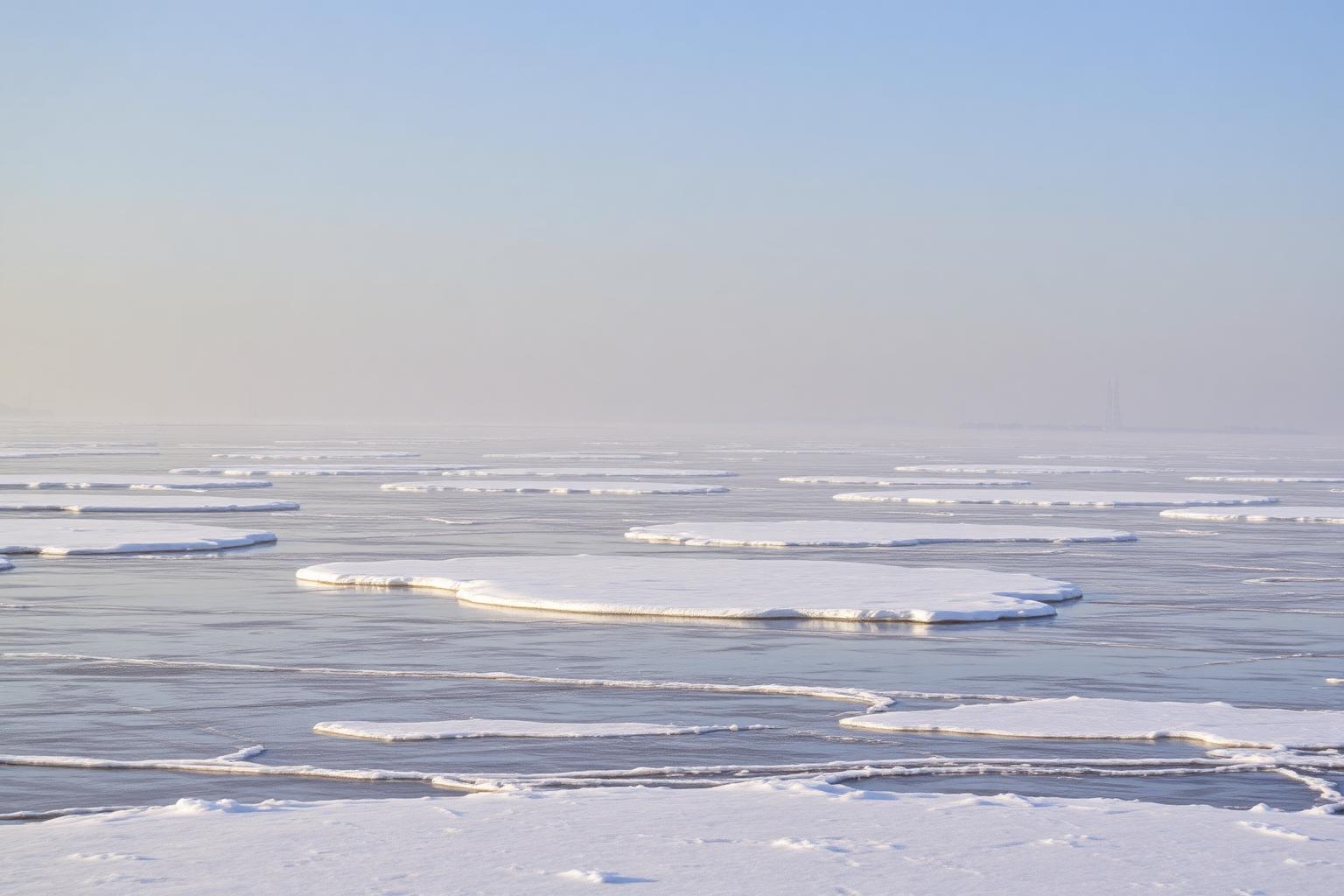 Frozen Lake Michigan shoreline in winter with snow-covered rocks and a gray sub-zero sky over Chicago