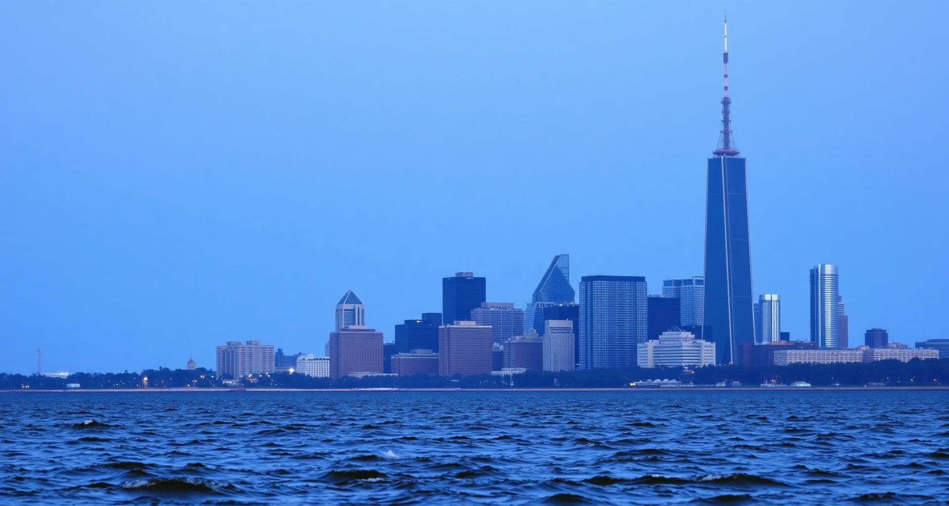 Chicago lakefront skyline viewed across Lake Michigan with downtown towers rising behind the shoreline