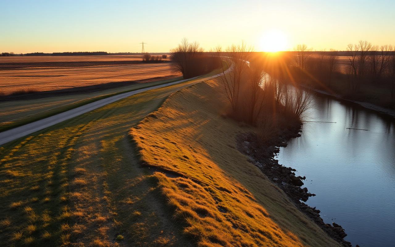 Grassy earthen flood levee curving beside a wide slow river at golden hour with a paved path