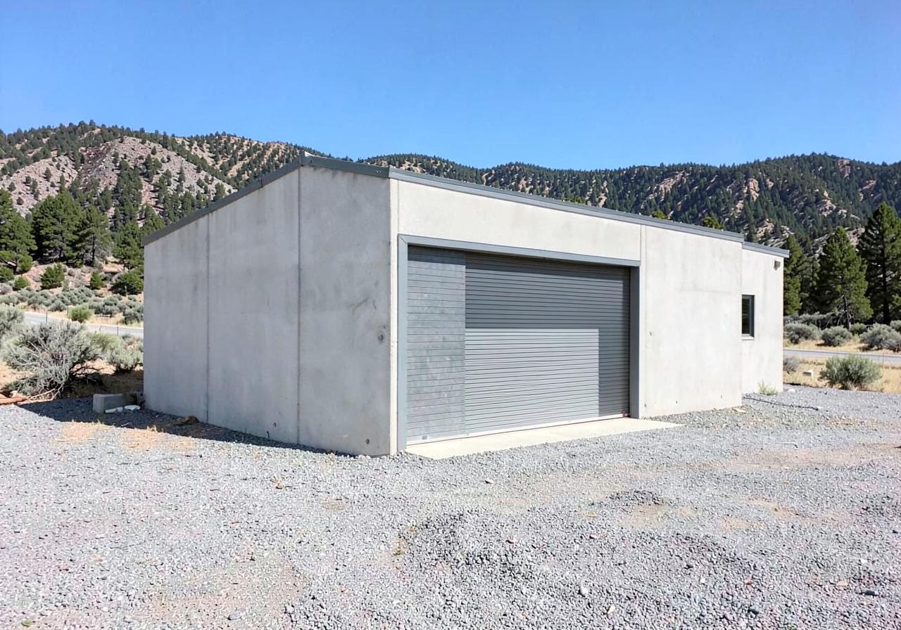 Small light-industrial building with a plain roll-up door and blank concrete walls on a gravel lot below pine-covered hills