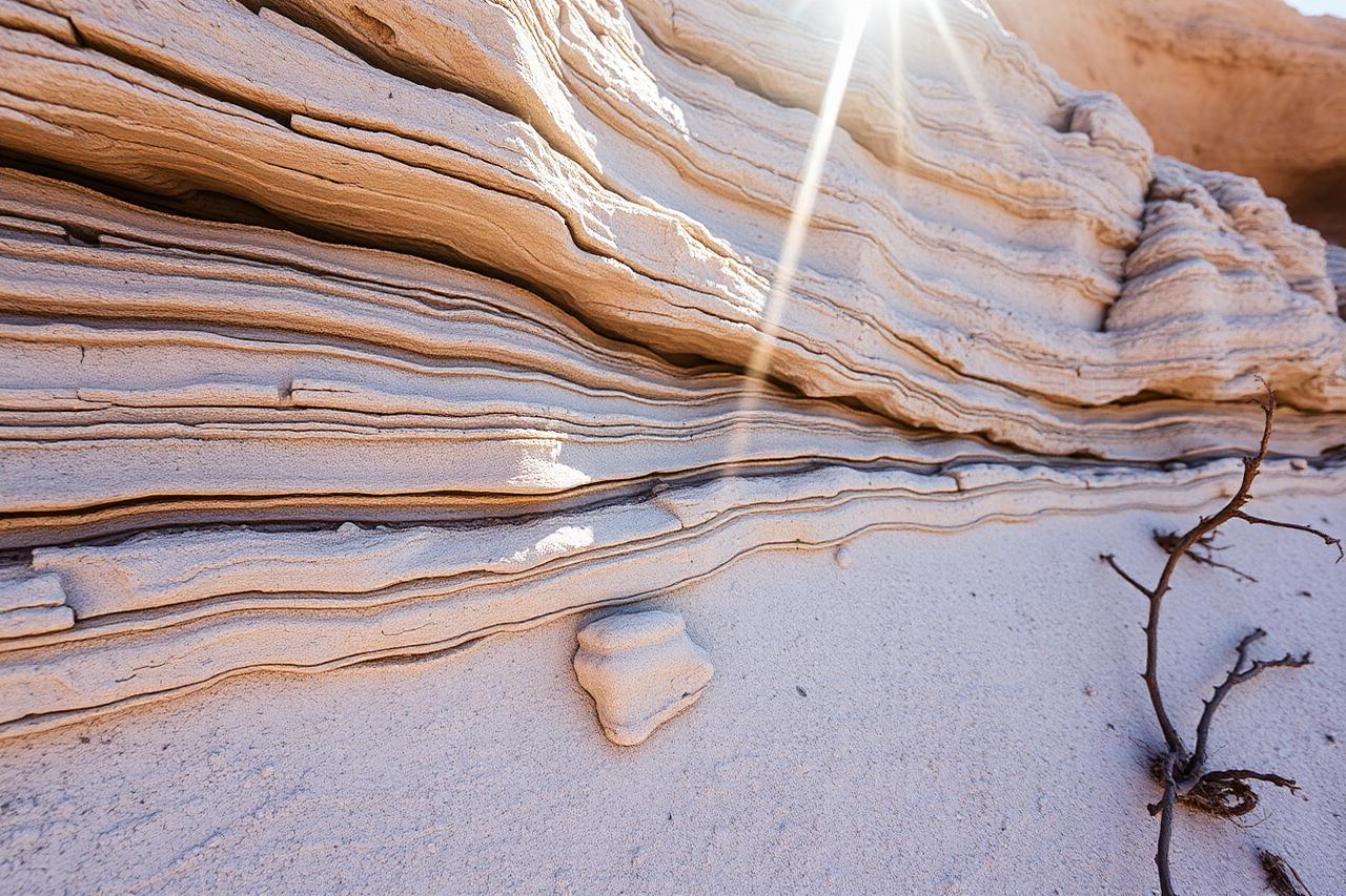Layered limestone outcrop and pale caliche soil in the Texas hill country near San Antonio