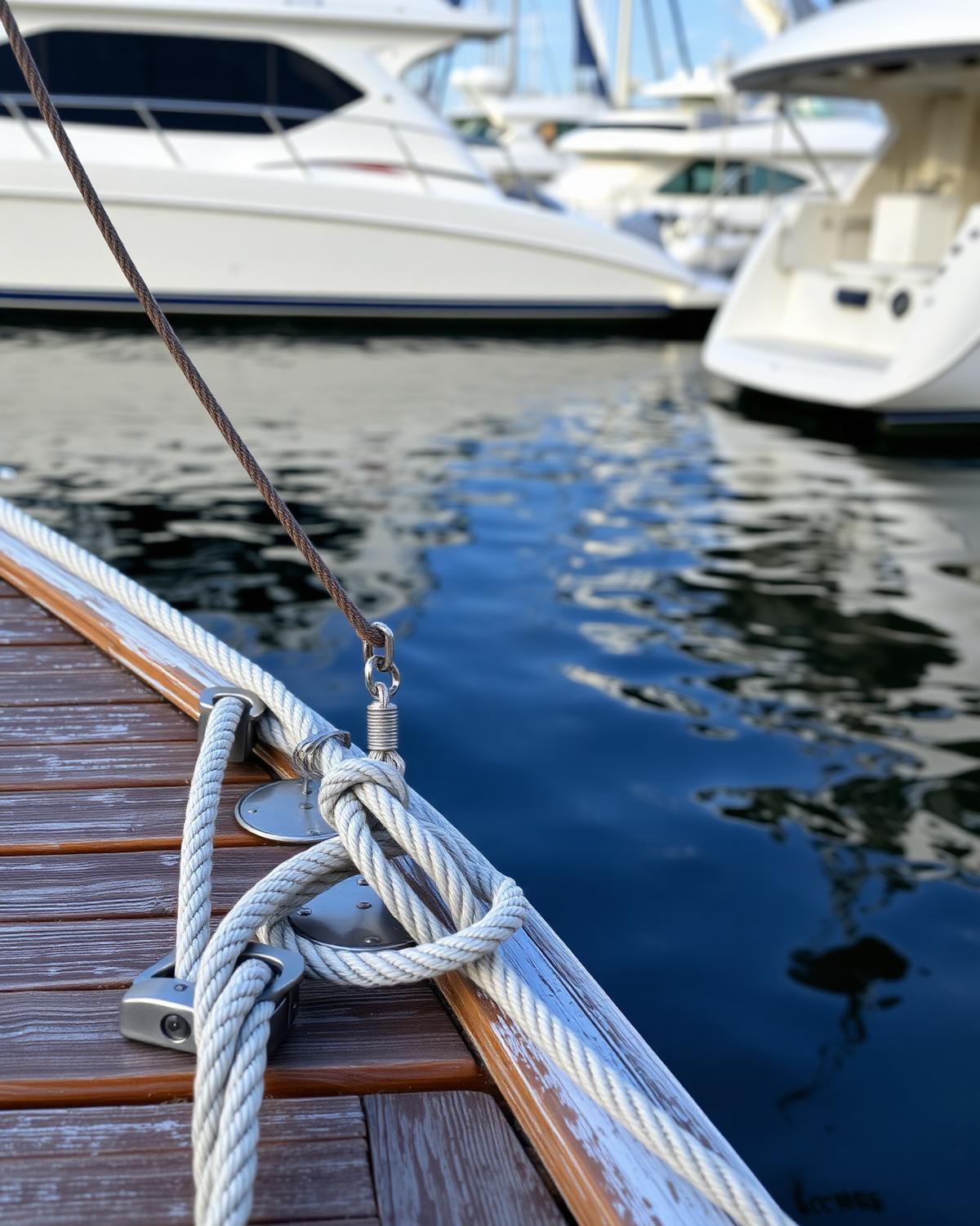 Close-up of cleats and mooring ropes on a weathered wooden marina dock in Fort Lauderdale