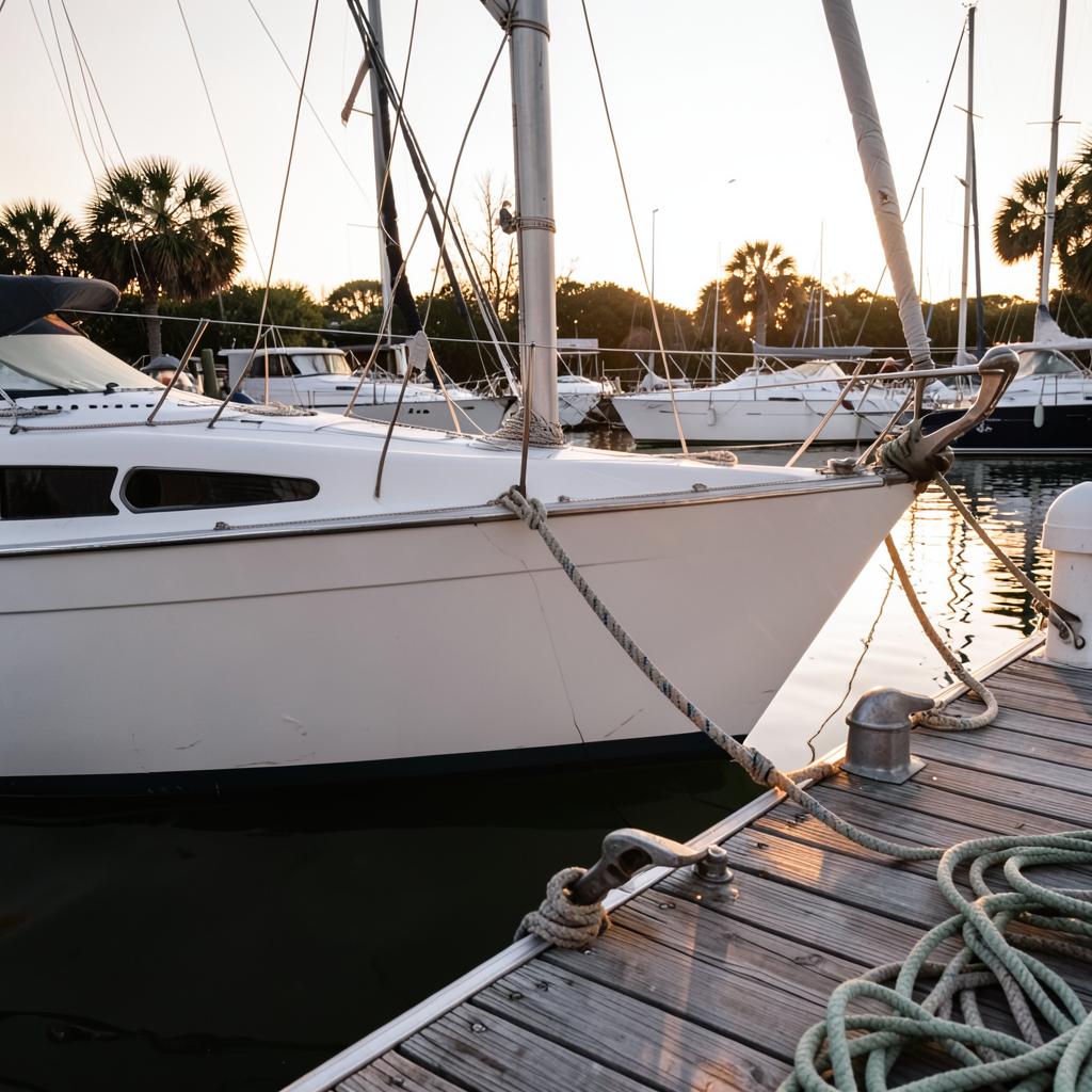 White sailboat bows and mooring cleats along a wooden marina dock at golden hour with coiled rope