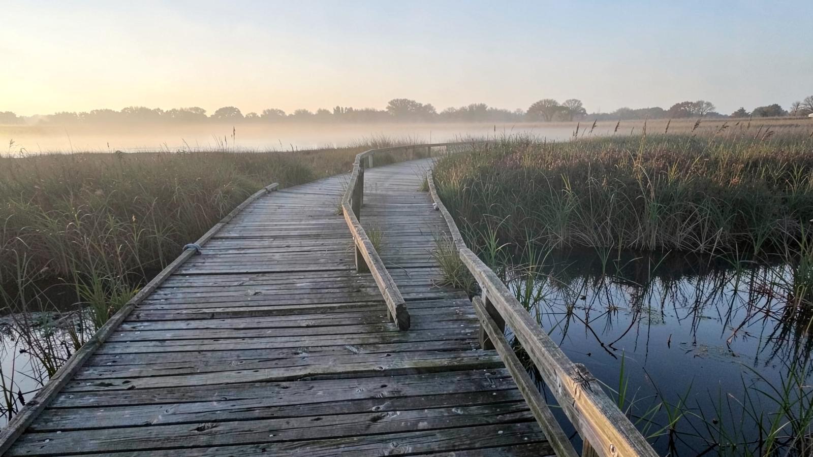 Wooden boardwalk crossing a wide salt marsh at dawn with mist over cordgrass and a tidal creek
