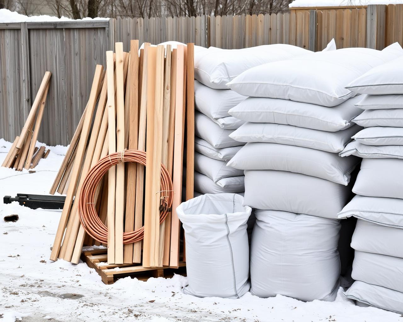 Fencing and concrete materials staged for a short build-season job outside Buffalo, New York
