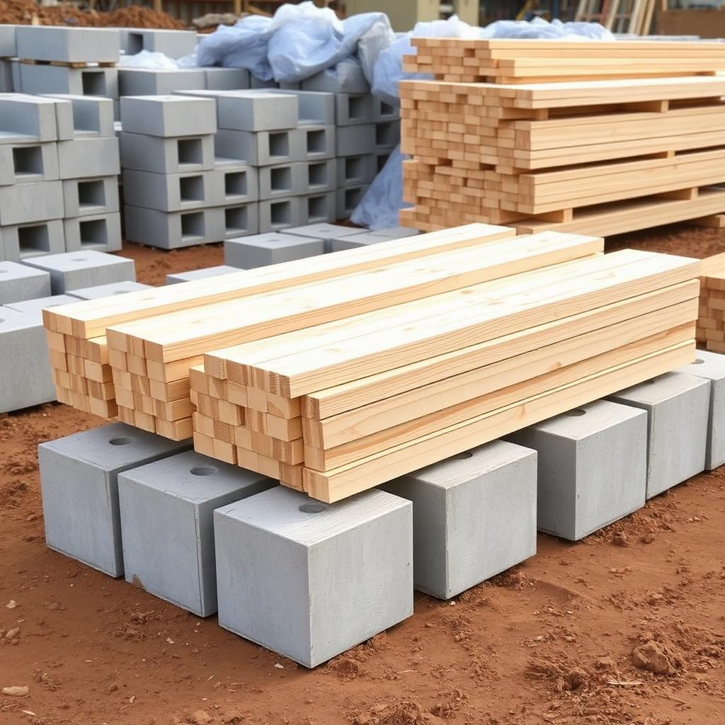 Staged lumber and concrete blocks on an Oakland home renovation job site