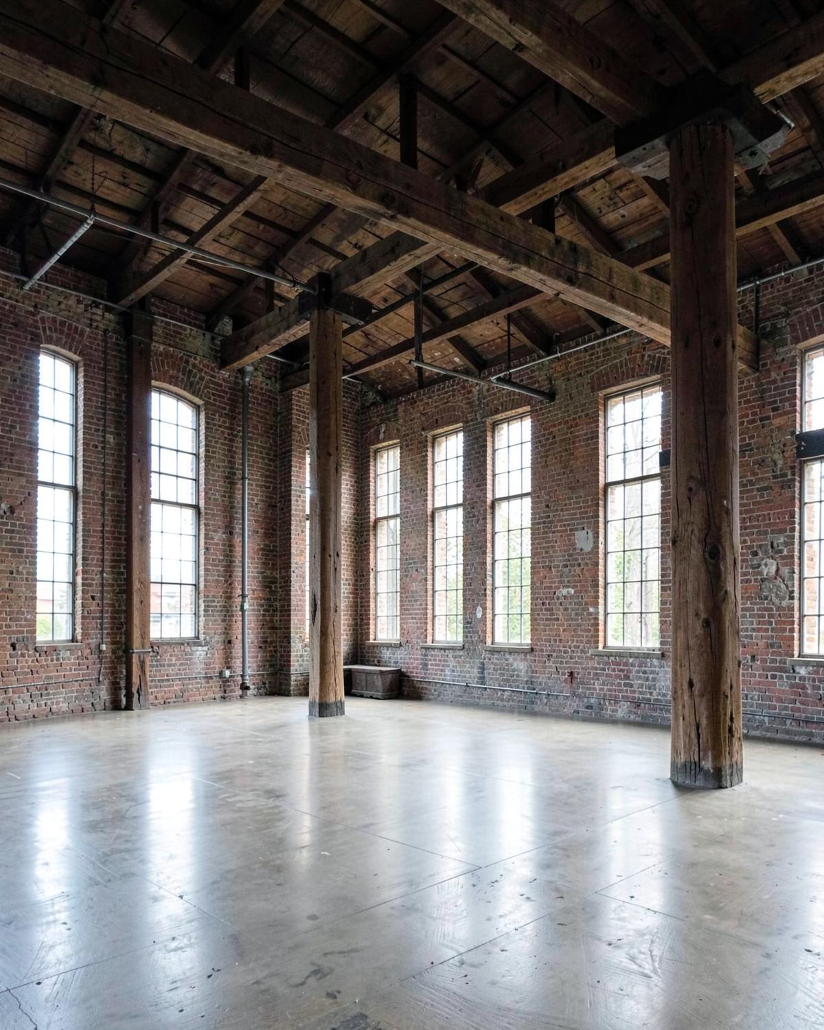 Converted textile mill interior with exposed red brick walls, heavy timber columns and tall industrial windows