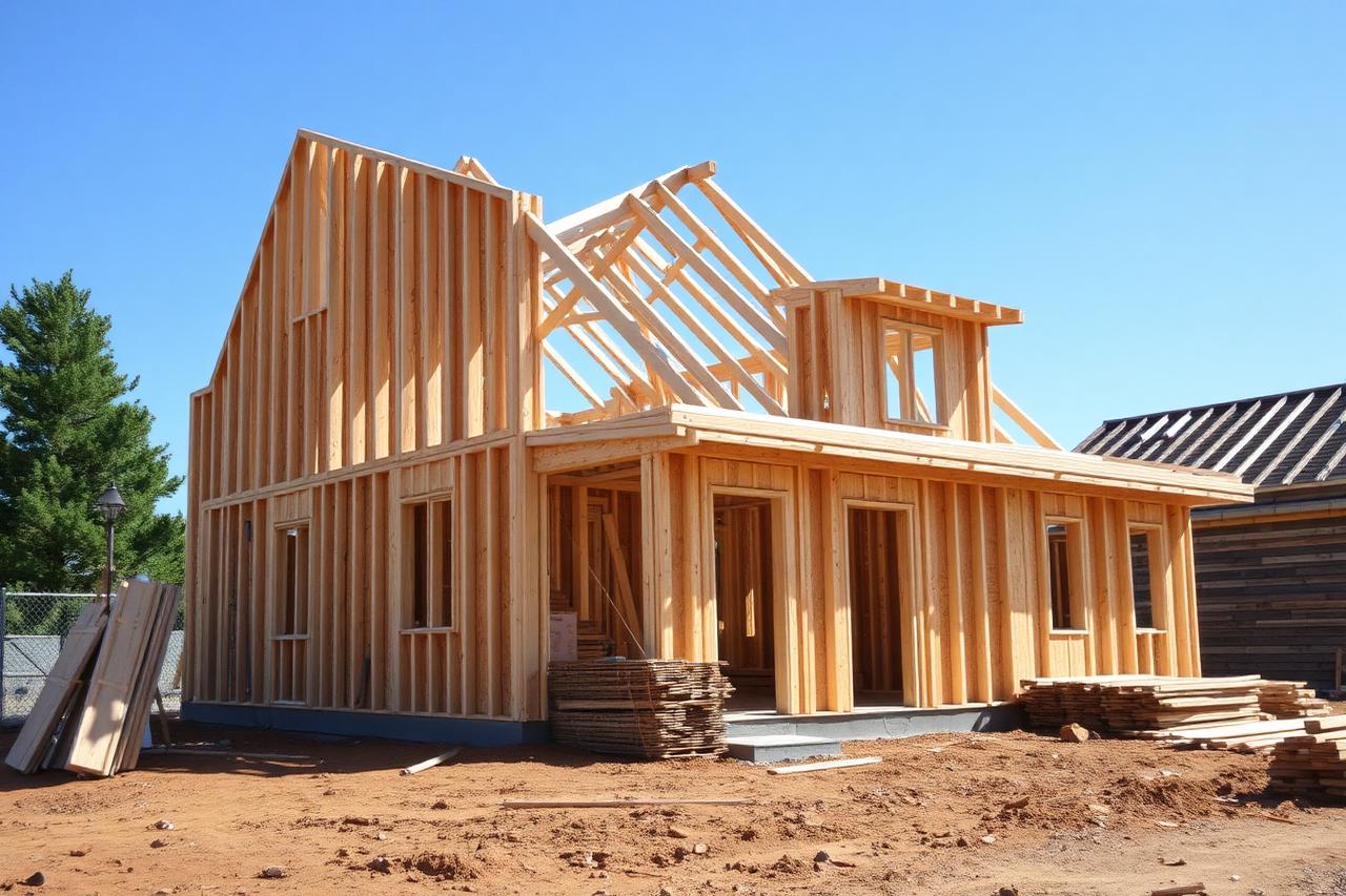 Framed houses under construction in a new suburban subdivision with cleared lots and stacked lumber