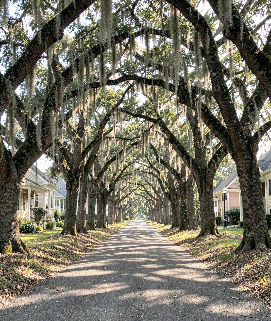 Narrow lane running beneath an arching tunnel of moss-draped live oak branches with dappled light on the ground