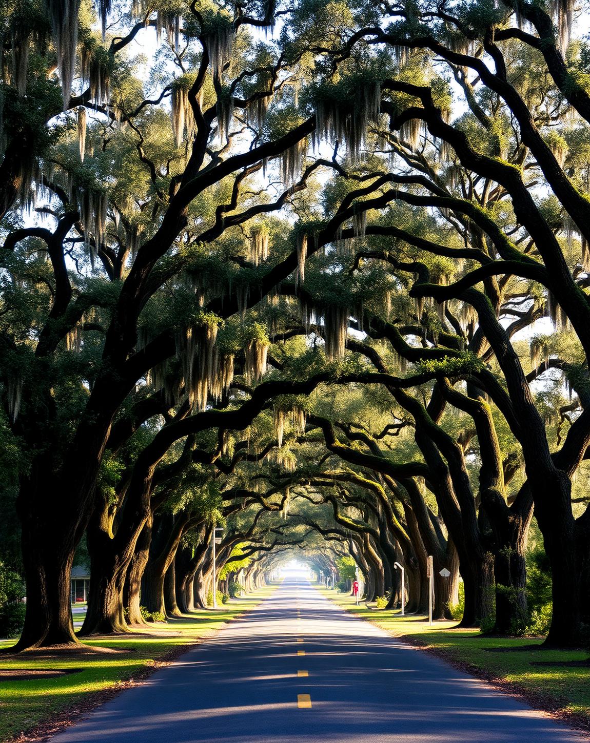 Tallahassee canopy road with live oaks and Spanish moss arching over the lane in morning light