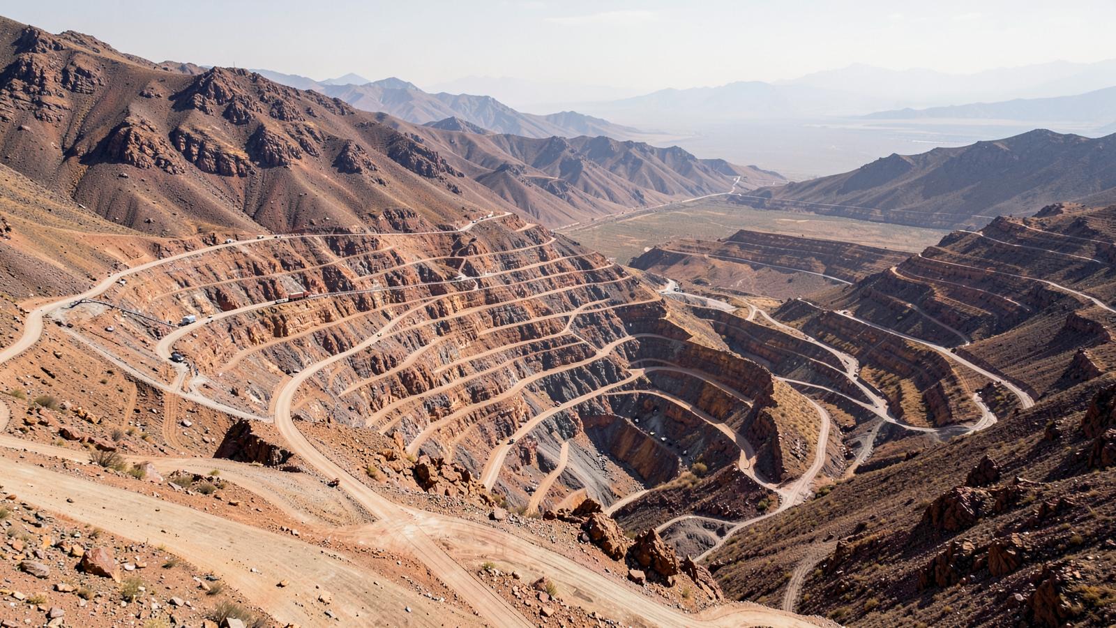 Terraced open-pit mine cut into a remote high-desert mountainside with switchback haul roads and empty basin beyond