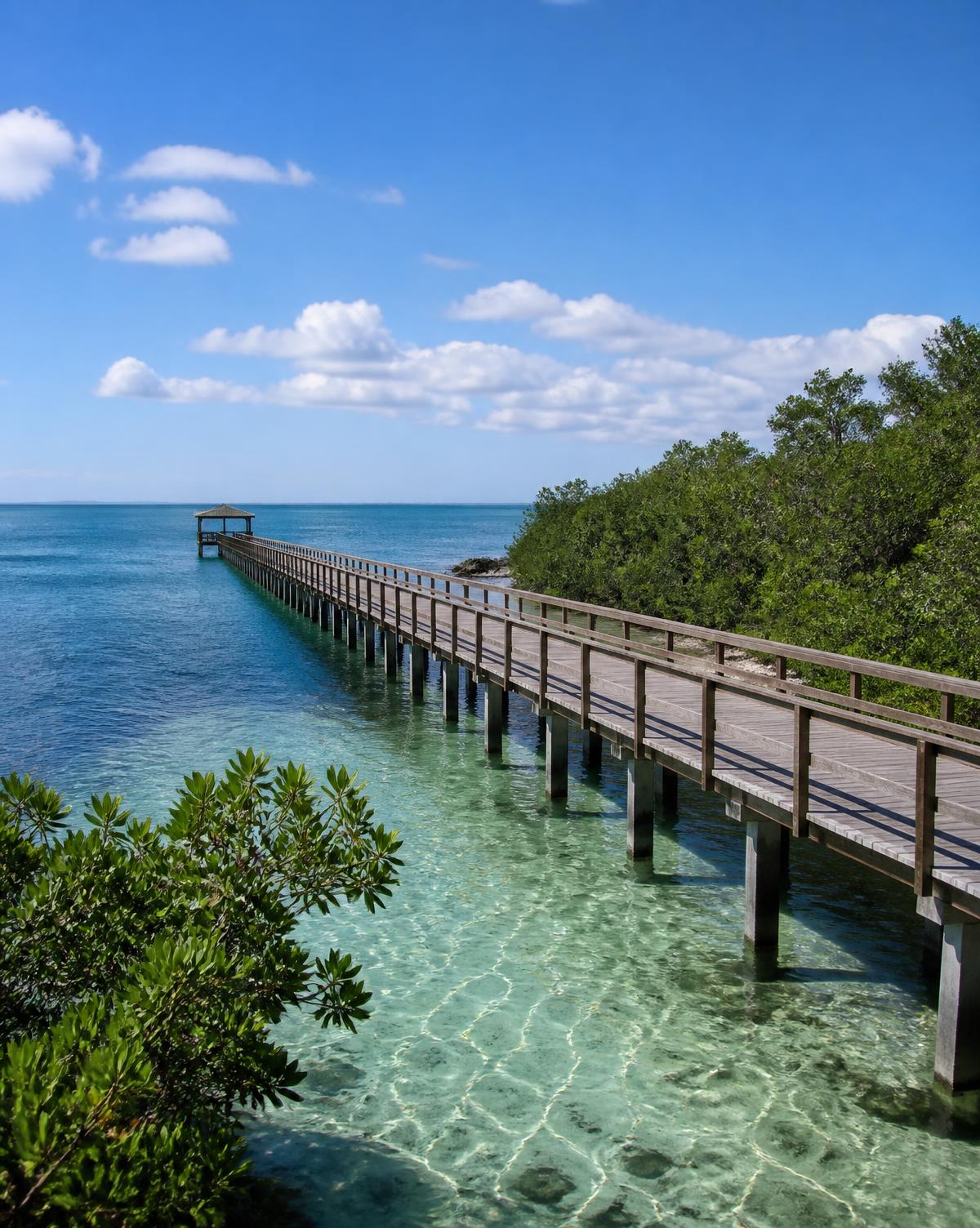 Long wooden pier and mangrove shoreline over clear shallow water on Tampa Bay at St. Petersburg