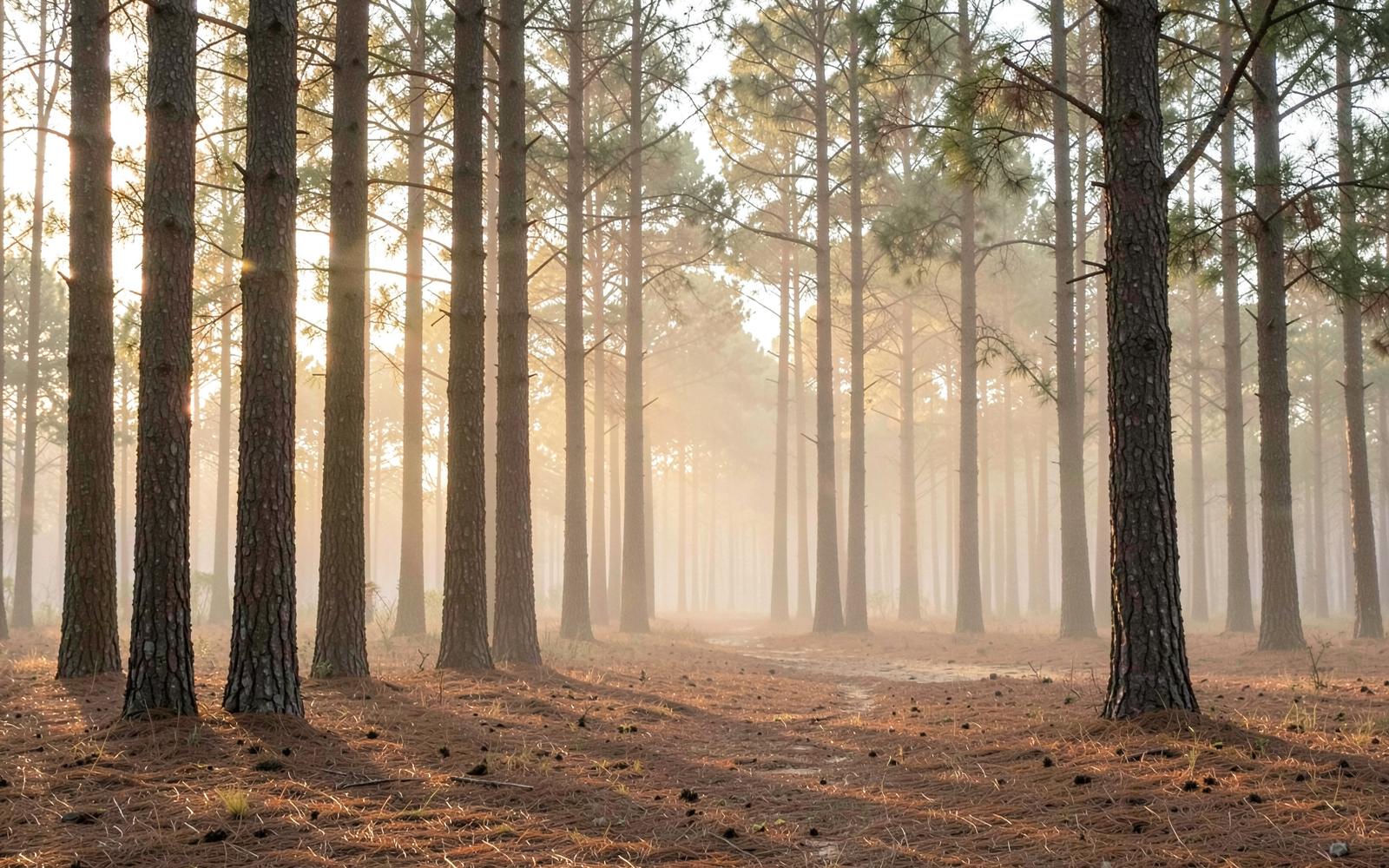 Tall planted pine forest at dawn with low mist drifting between the trunks and soft golden light