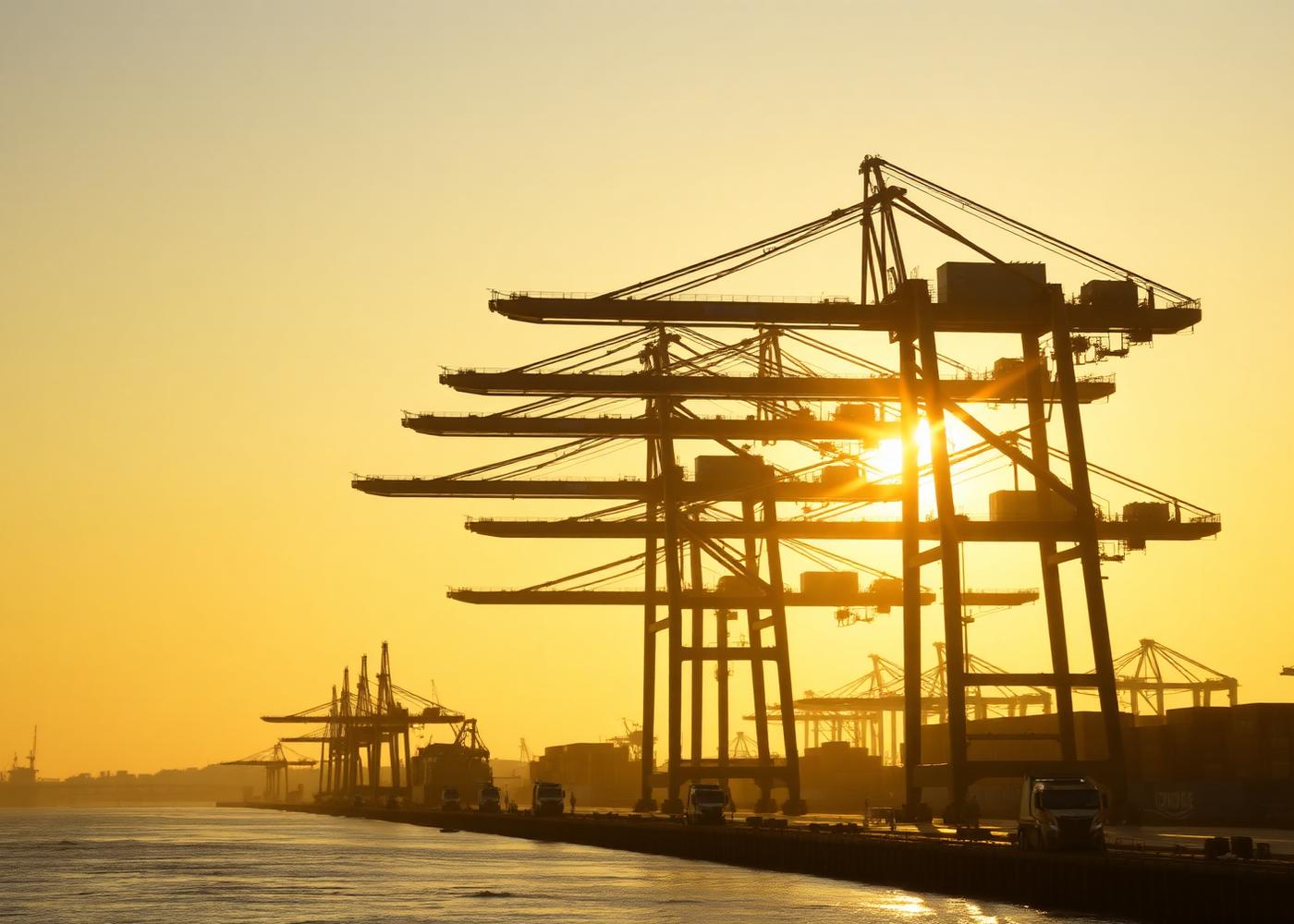 Container port gantry cranes silhouetted at sunrise beside the river channel in Jacksonville