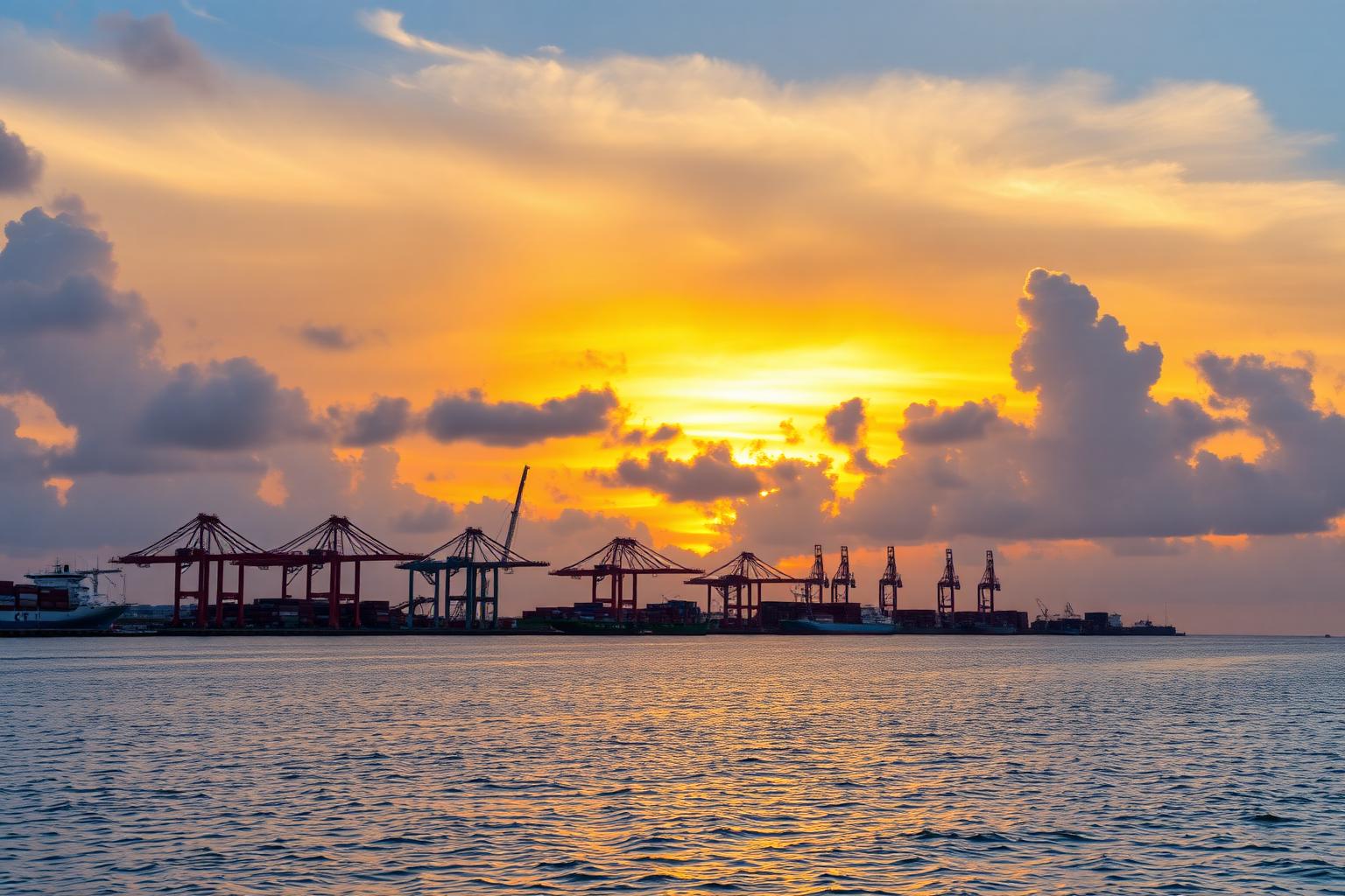 Container cranes at the Port of Miami silhouetted against a sunset sky