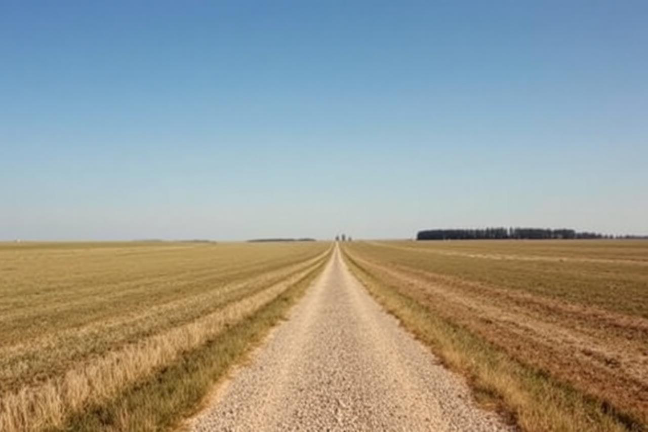 Flat farmland stretching toward the horizon under a wide prairie sky at the edge of a small town