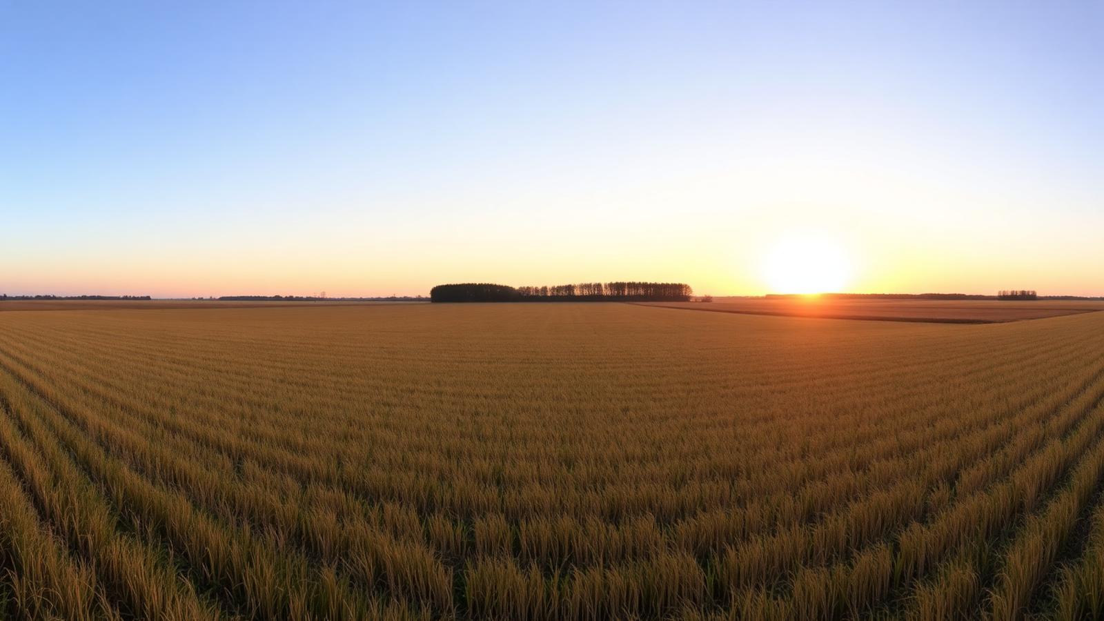 Wide central Illinois prairie panorama with farmland stretching toward a distant town skyline under an open sky
