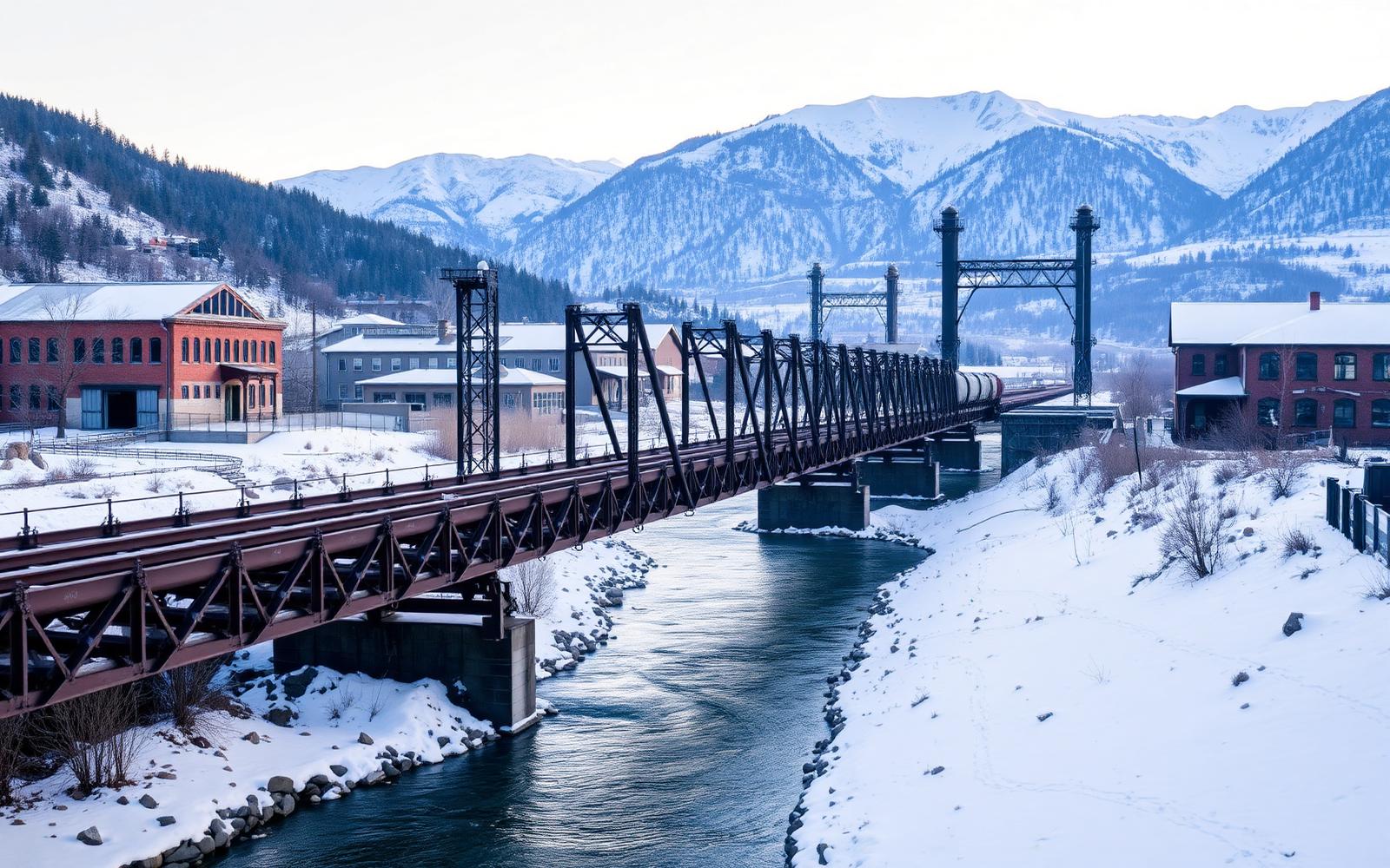 Freight rail bridge crossing near downtown Ogden with the Wasatch Front rising behind it