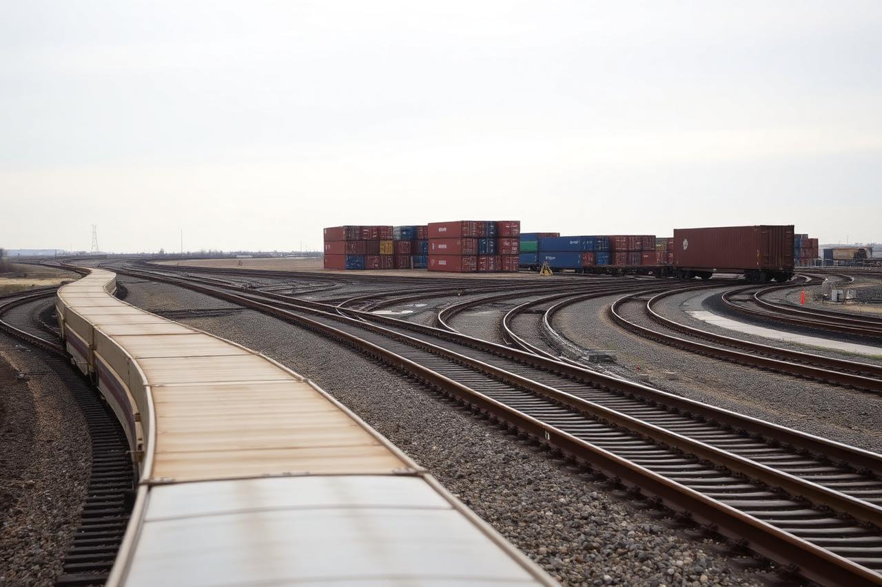 An aerial view of the massive rail and logistics corridor in Joliet where major freight lines intersect