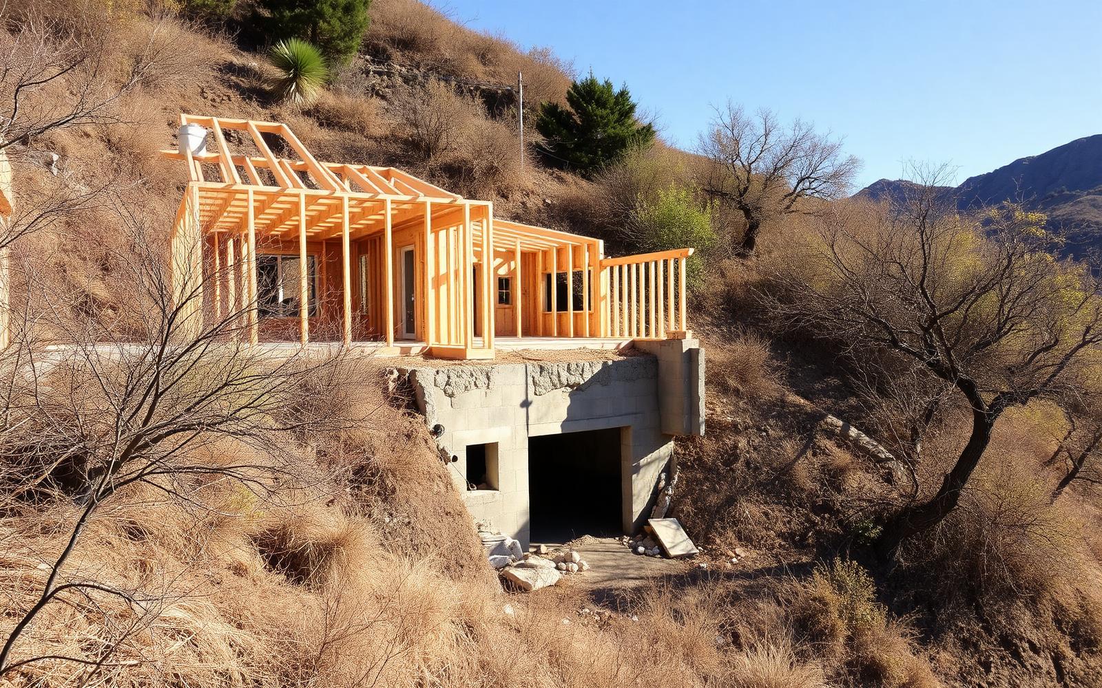 New framing on a Los Angeles rebuild project against a clear basin sky