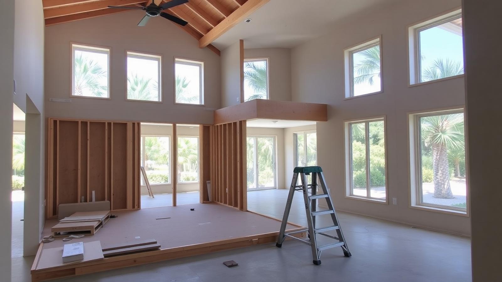 Interior of an upscale Fort Lauderdale home under renovation with new framing and impact windows
