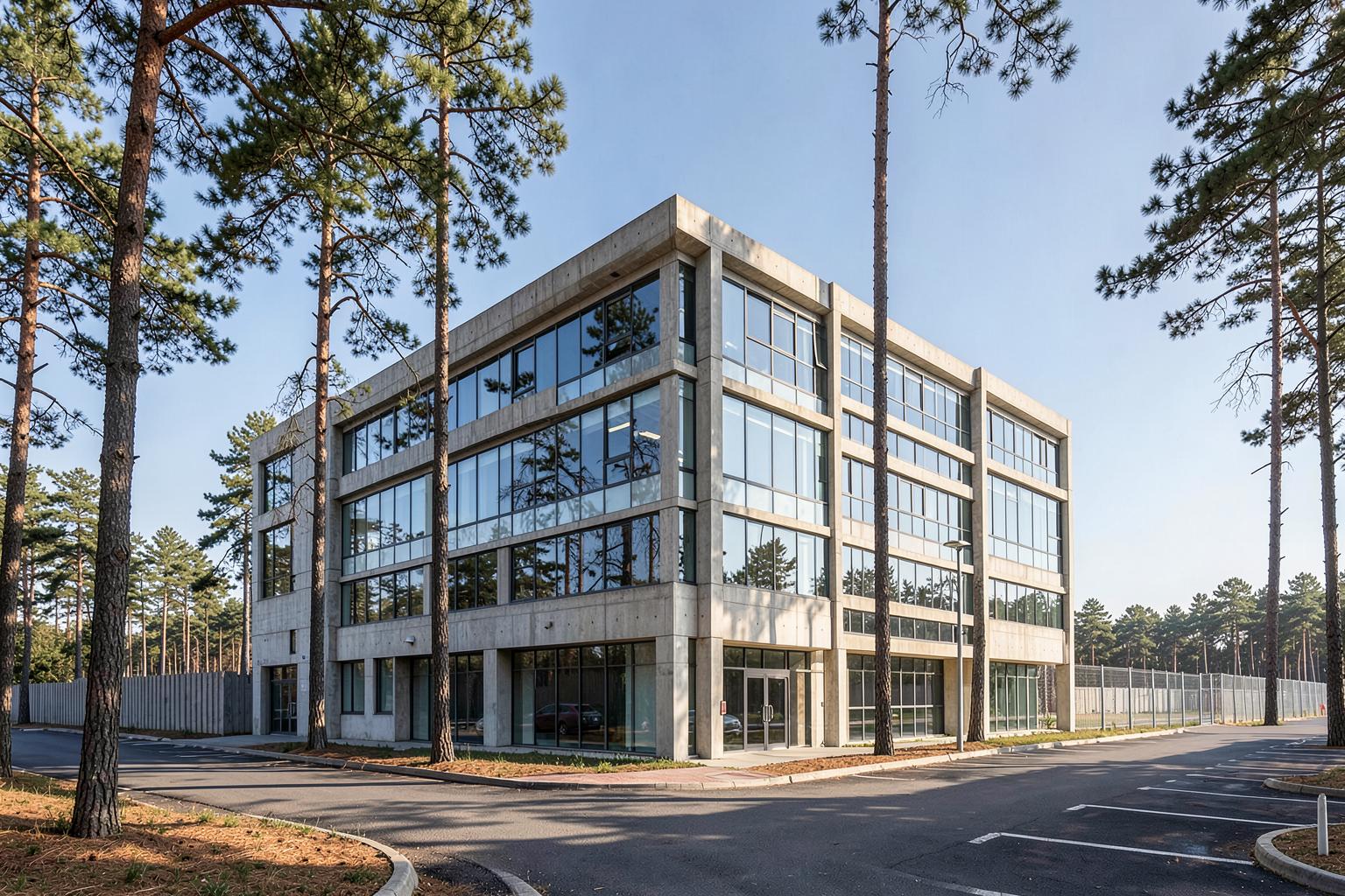 Modern low-rise concrete and glass technical office building set among tall pines beside empty parking