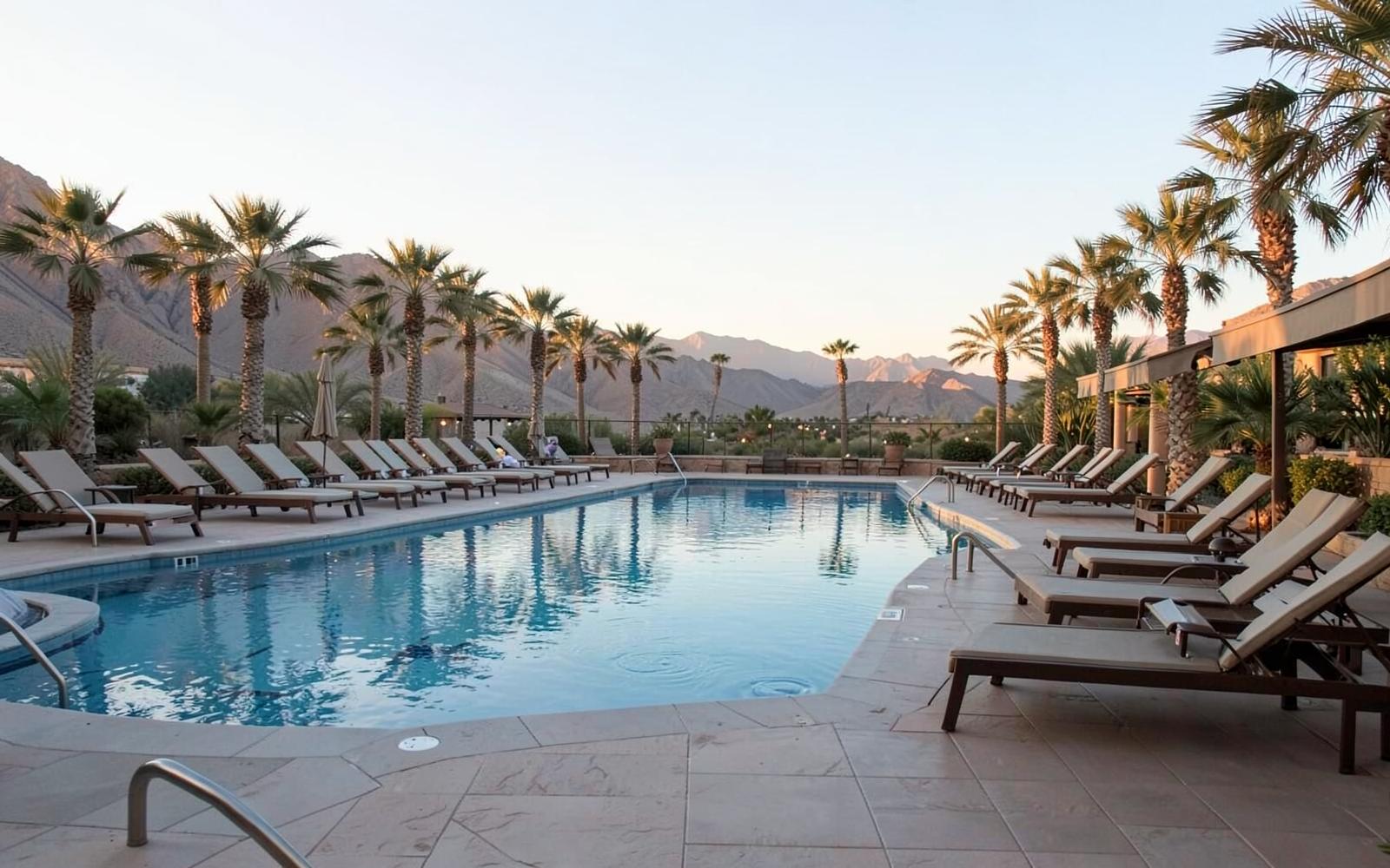 Empty desert resort pool terrace at first light with rows of loungers, palms and mountains beyond