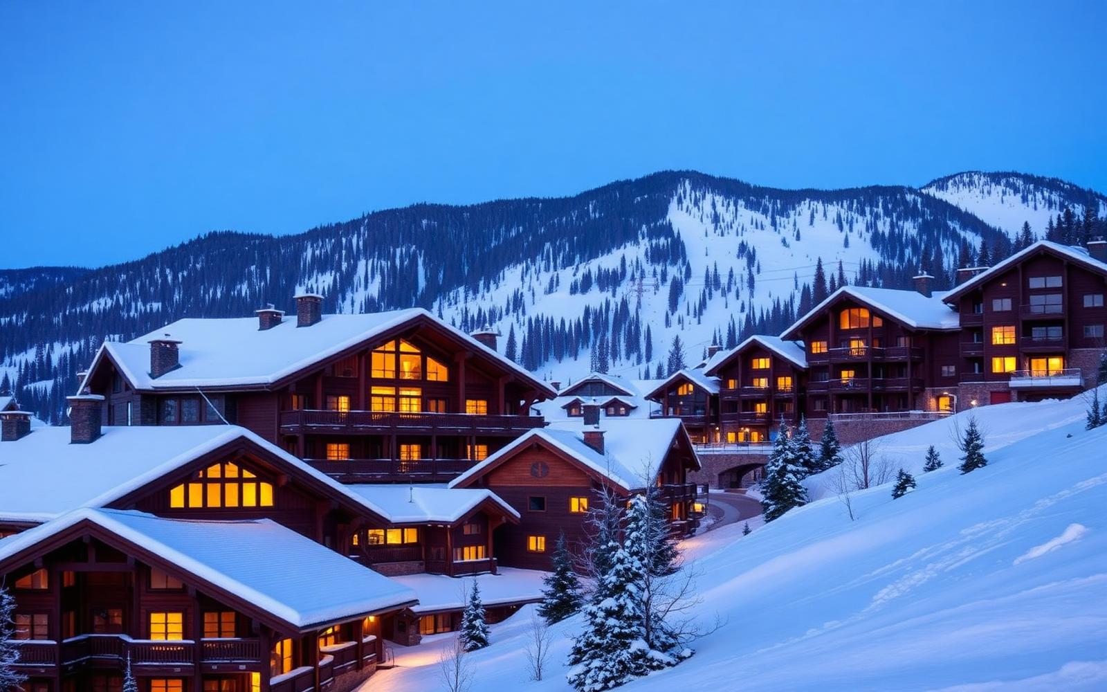 Timber and stone resort village buildings at blue hour with deep snow and gondola cables overhead