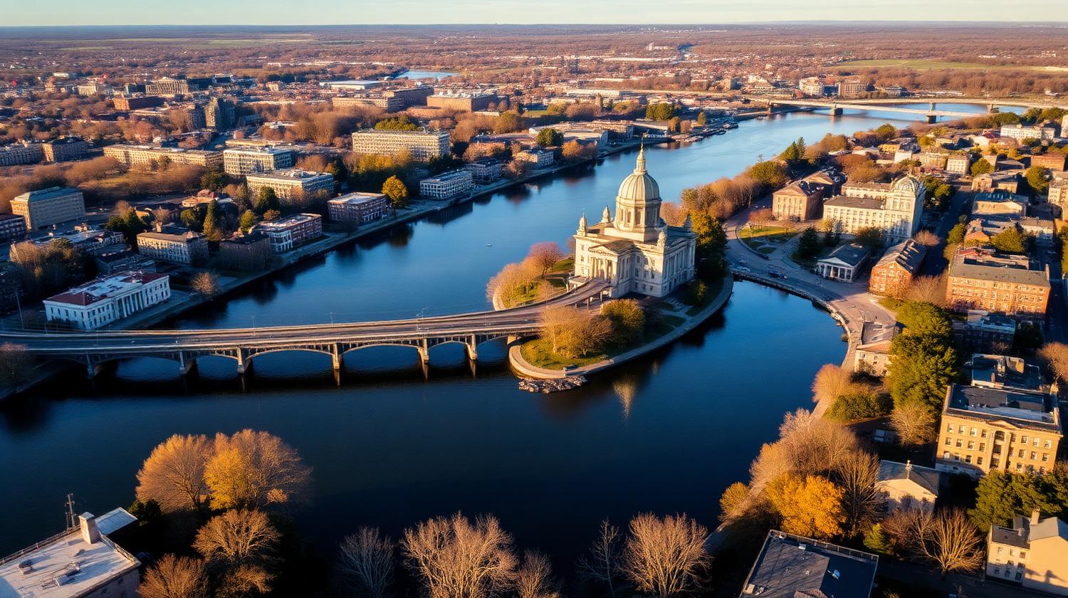 Aerial view of the Susquehanna River splitting Harrisburg's East Shore from the West Shore