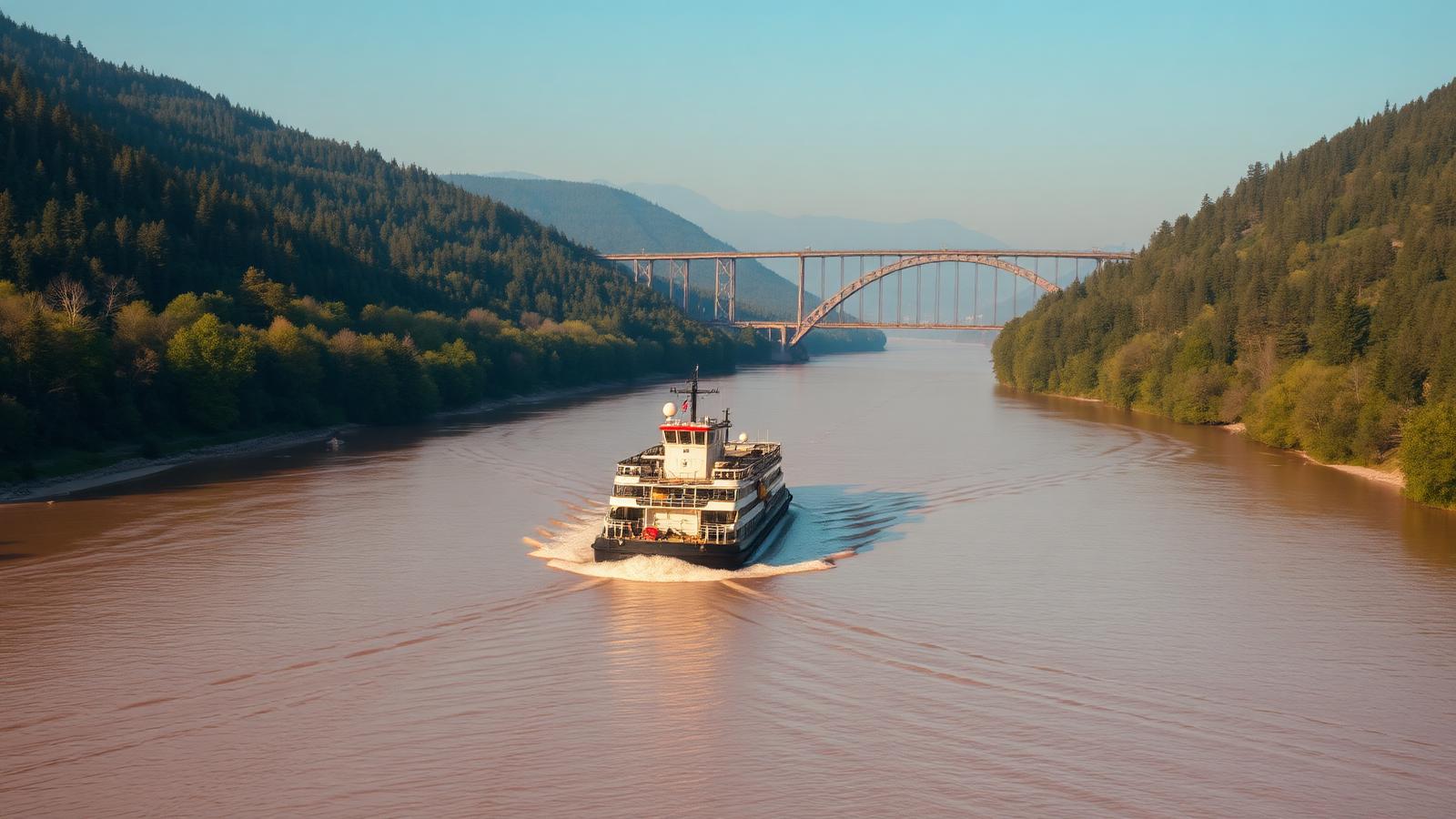 Long flat barge pushing upstream on a wide river beneath a steel truss bridge