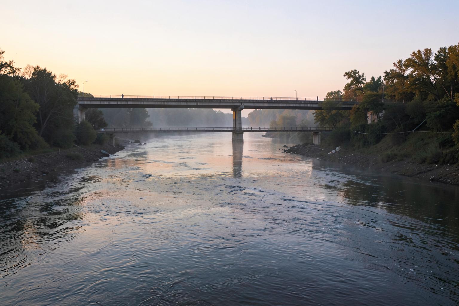 Wide slow river at dawn with mist on the water and a long low bridge crossing between wooded banks