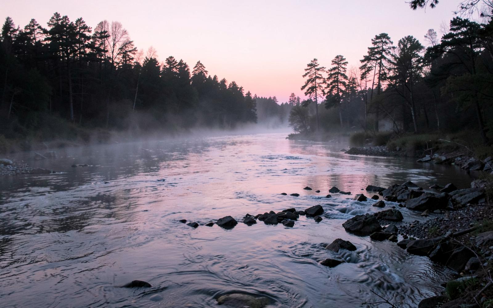 Mist rising off the Chattahoochee River at dawn with rocky shoals and wooded banks in soft light