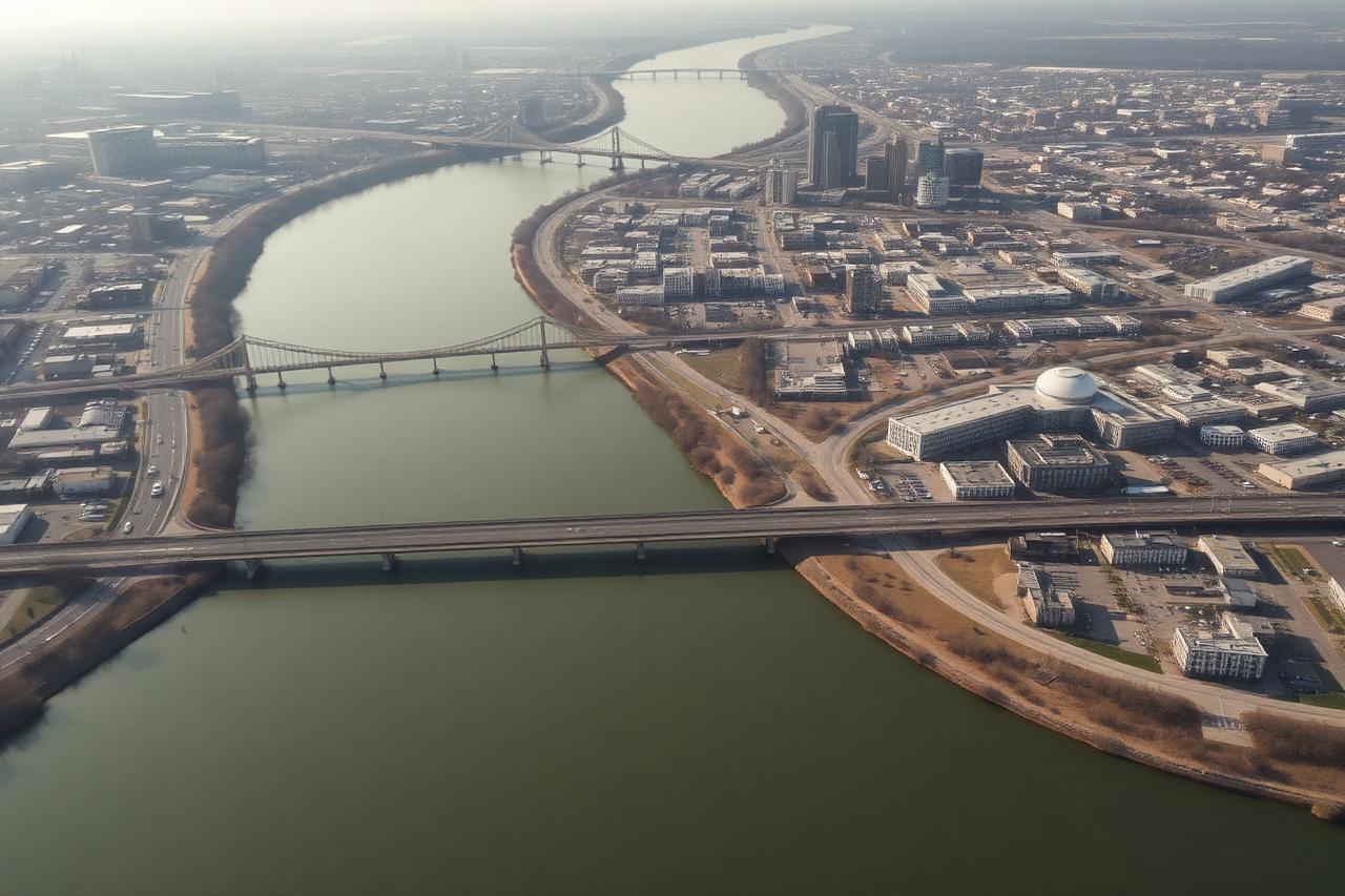 Wide view of the Rock River running through downtown Rockford under a soft evening sky