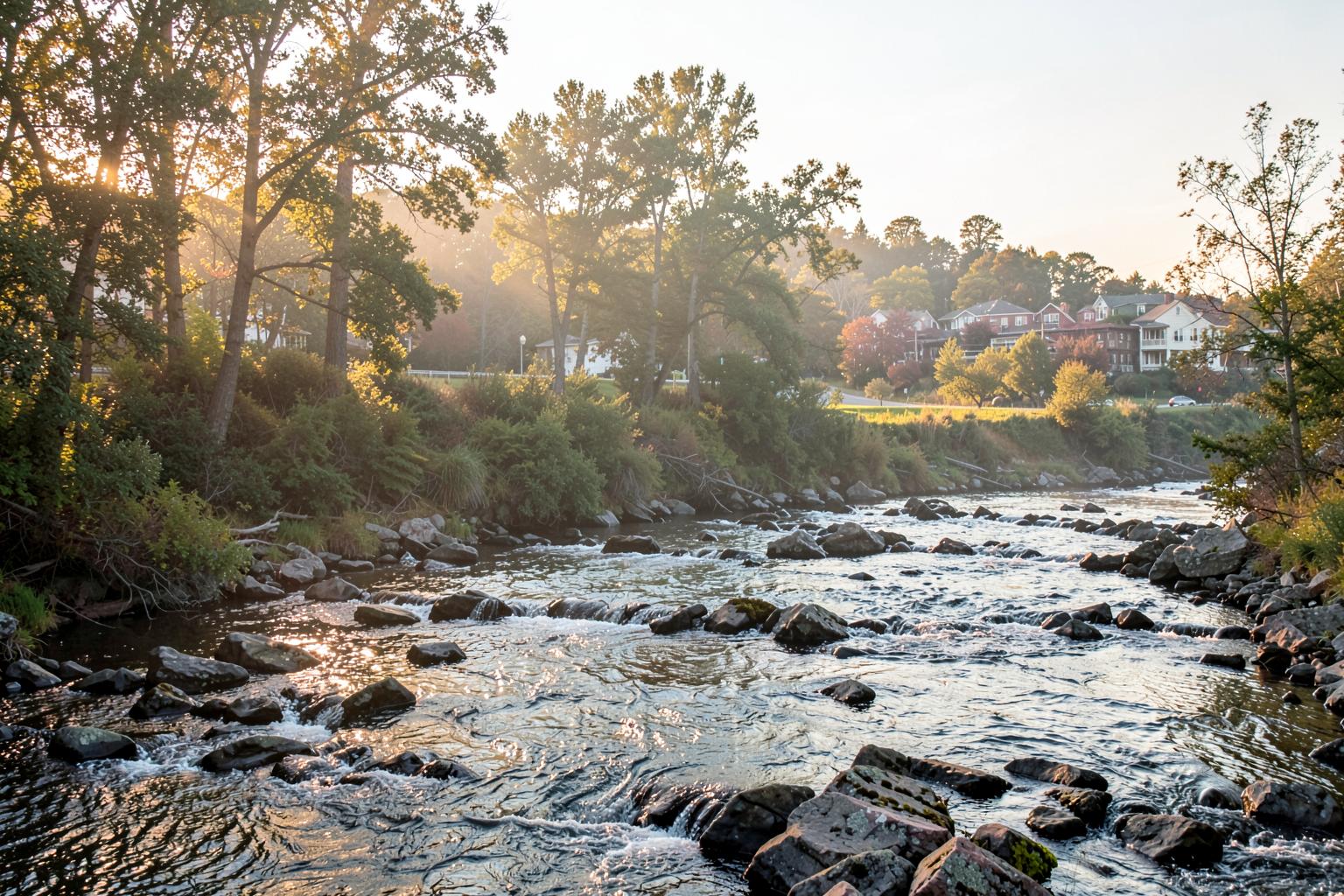 Small southern river running over rocky shoals below a wooded bank at the edge of town in warm misty dawn light