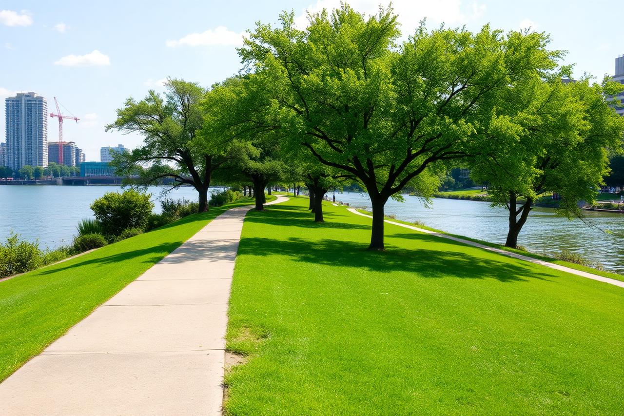 A paved riverside park path lined with trees running alongside a wide slow-moving river