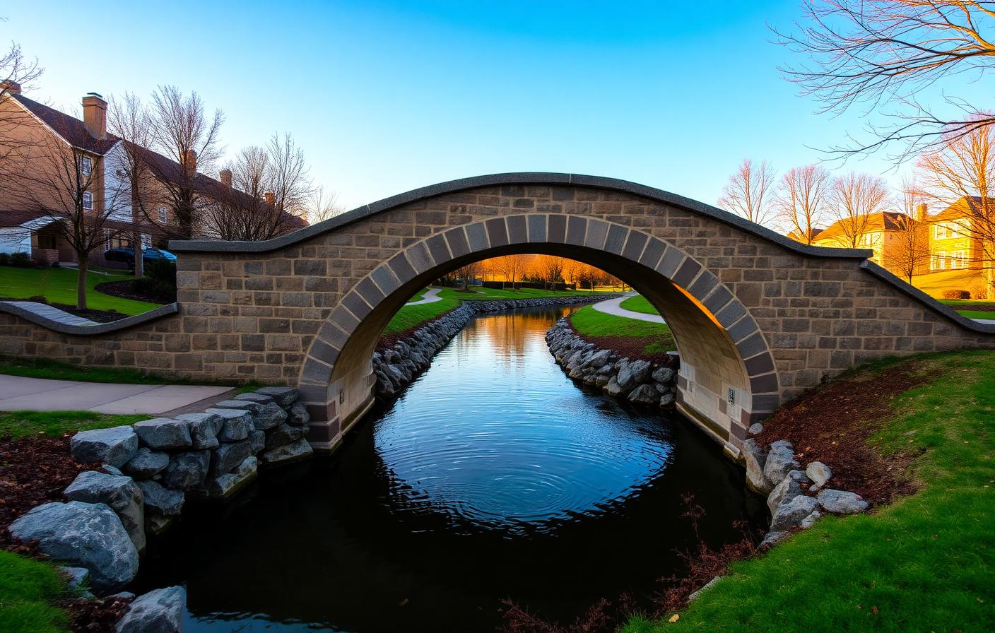 Wide view of the Riverwalk in downtown Naperville along the DuPage River under a clear sky
