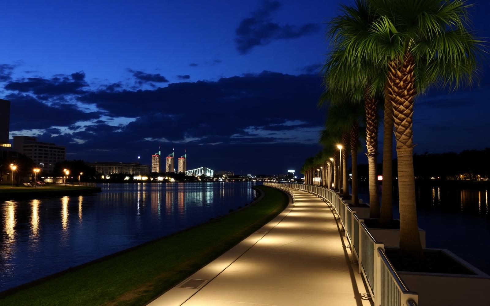 Tampa Riverwalk at dusk with the downtown skyline reflected in the Hillsborough River