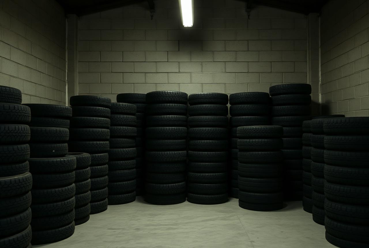 Stacks of plain black rubber tires filling a dim warehouse bay with bare concrete floor and block walls